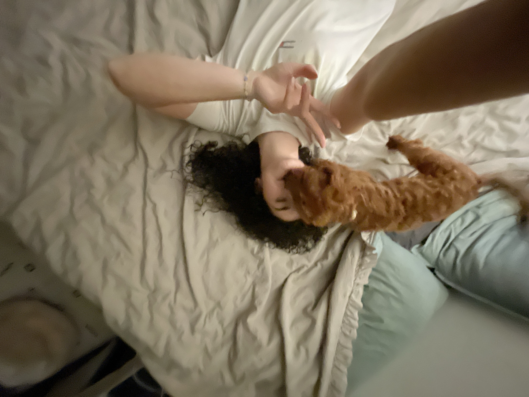 An overhead photograph captures an indoor scene on a bed, located in the city of Sofia, Bulgaria. A subject with dark, curly hair is lying supine on light-colored, wrinkled sheets. A small, reddish-brown, curly-haired dog stands on its hind legs on the bed, positioned with its head near the subject's face. The subject's left arm extends towards the dog, with fingers partially bent, and a light-colored bracelet is worn on the wrist. Portions of the subject's right arm and leg are visible towards the right side of the frame. Light blue pillows with a ruffled edge are visible in the lower left. The background features blurred, unidentifiable objects and is dimly lit.