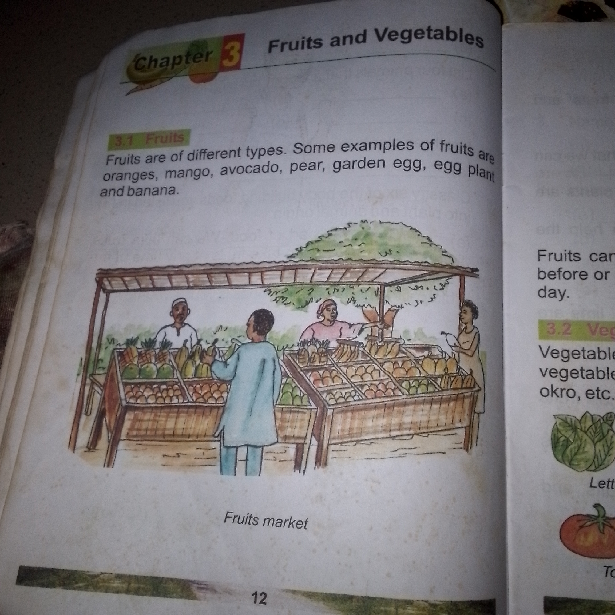 The image shows a page from a book titled "Chapter 3 Fruits and Vegetables." On the left page, a drawing depicts a fruit stall in an outdoor market. Three people are present: a male vendor wearing a white tunic and a cap, another male vendor in a blue tunic, and a female vendor in a pink top and light-colored dress. They are arranging and selling various fruits such as bananas, pineapples, mangoes, and other items that appear to be vegetables in baskets. The stall has a thatched roof and is filled with produce. Below the drawing, the text "Fruits market" is visible. The page number "12" is at the bottom.
The right page contains text related to fruits and vegetables, including the headings "3.1 Fruits" and "3.2 Vegetables." There are also illustrations of spinach and a tomato.
There is no information in the image that indicates the location is in Jalingo, Nigeria.