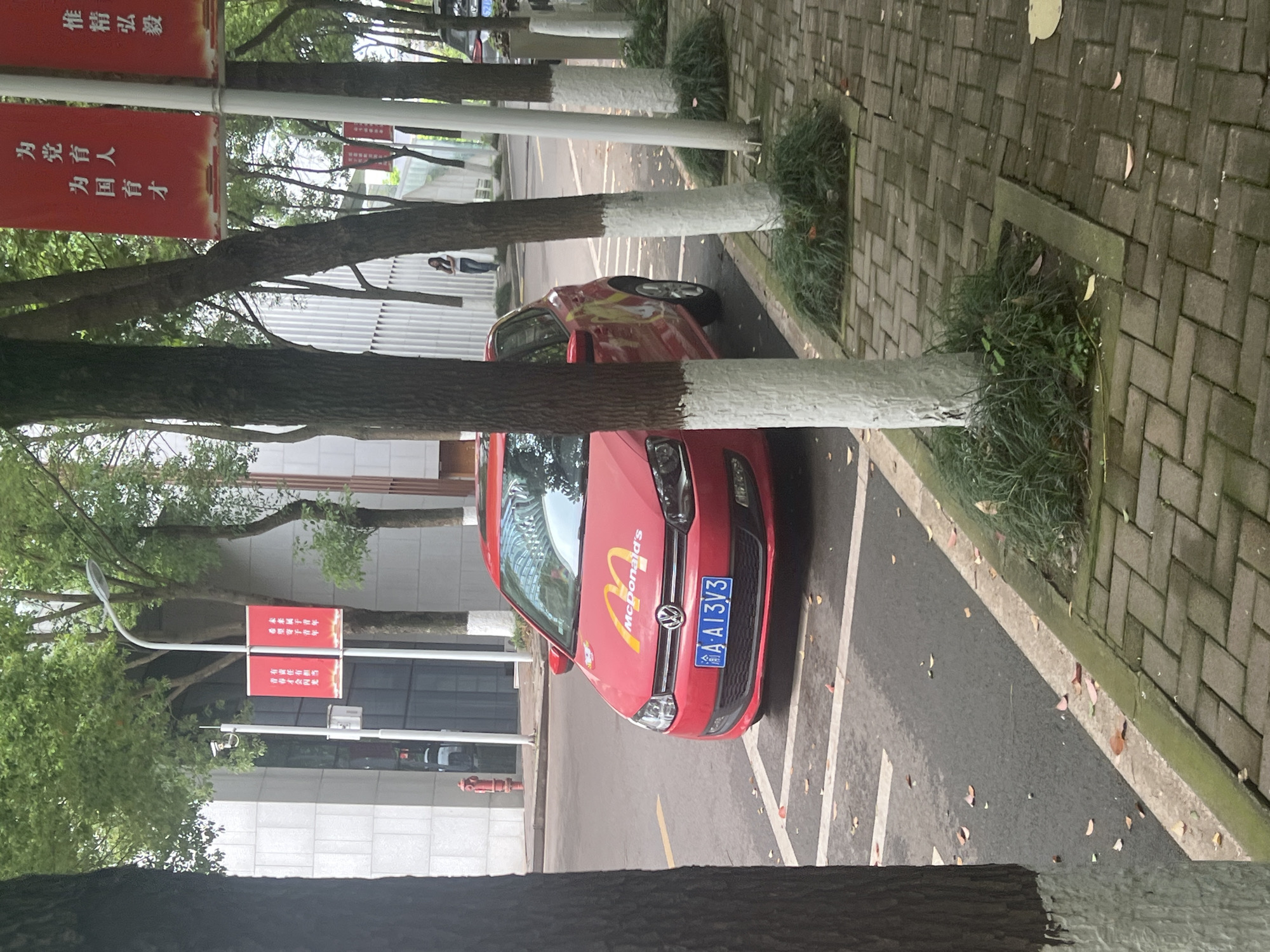 The image shows a red car with a McDonald's logo on the hood, parked in a parking space. The car's license plate reads "渝A-A13V3". The car is parked near a sidewalk paved with interlocking bricks. On the other side of the parking space are trees with their lower trunks painted white. Red banners with Chinese characters are visible in the background. The location appears to be in Jiangjin, China, based on the "渝" prefix on the license plate. The banners on the poles appear to be educational and celebratory messages, for example "为党育人 为国育才" - Educate people for the Party, and cultivate talents for the country, or "未來属于青年 希望寄予青年 有責任有担当 青春才会闪光" - The future belongs to young people, hope lies with young people, responsible and responsible, youth will shine.
