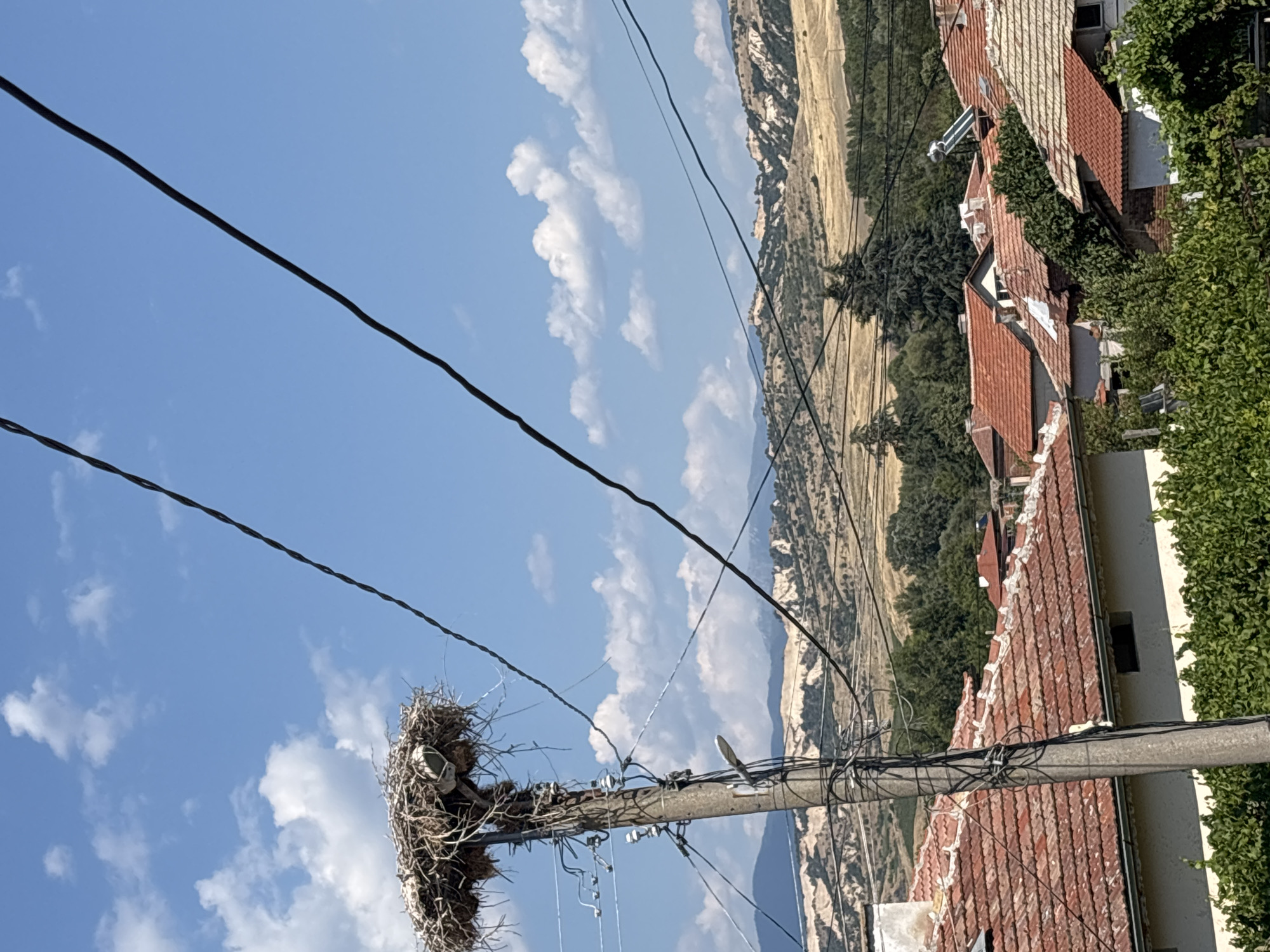 A close-up, medium shot captures a utility pole topped with a large bird's nest against a bright blue sky with scattered white clouds. The pole, made of concrete, is covered in electrical wires and insulators, with a street lamp attached to its side. In the background, a village with red-tiled roofs and green foliage is visible, leading to a dry, hilly landscape with distant mountains. The scene is set in Sklave, Bulgaria.