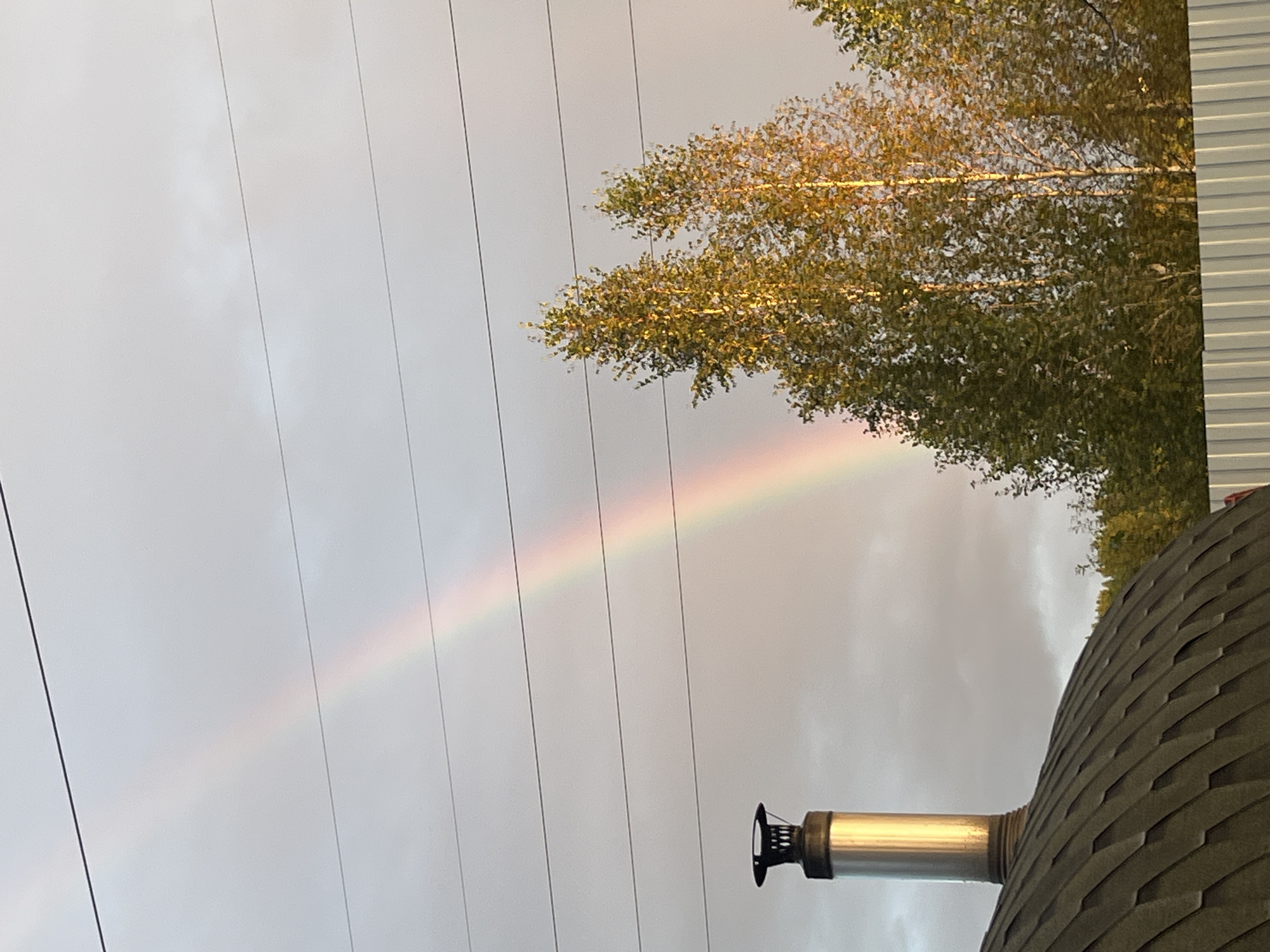 The image captures a scene in Nizhny Tagil, Russia, under a cloudy sky with a faint rainbow arching across it. In the foreground, a portion of a dark, curved roof is visible, topped with a silver chimney pipe. To the right of the chimney, a cluster of birch trees with yellowing leaves is illuminated by the sun, casting a warm glow. A light-colored metal fence runs along the bottom of the image, separating the immediate foreground from a background of trees. Power lines are strung horizontally across the sky, intersecting the frame. The overall impression is of a somewhat overcast day with a touch of natural beauty from the rainbow and sunlit trees.