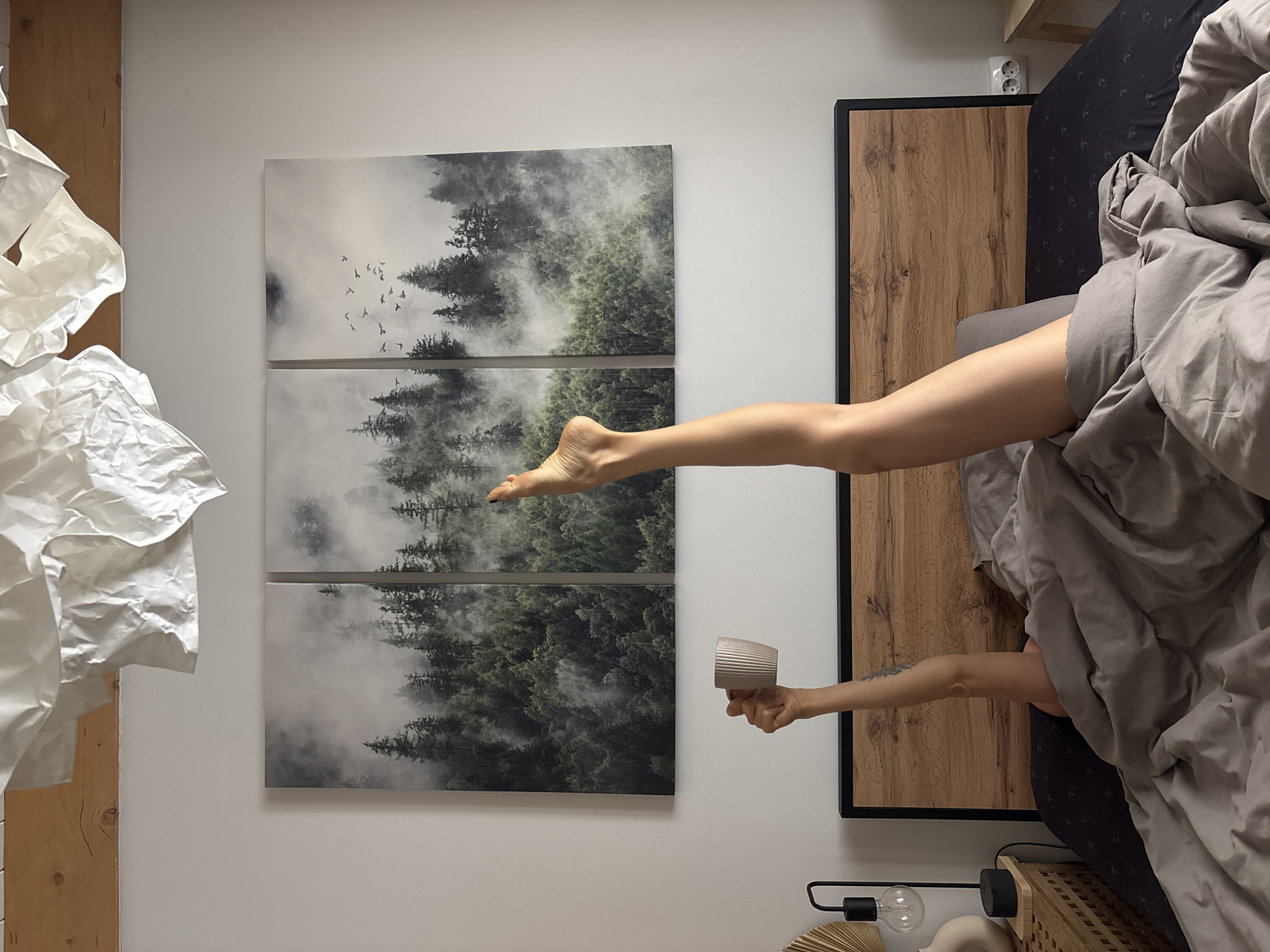 The image shows a person lying in bed in a room, possibly in a residential setting. The person's leg is extended, and a hand holding a cup is visible. A painting of a forest is mounted on the wall. To the left of the painting, there is crumpled white paper on the wall. The bed has a wooden headboard and is covered with gray bedding. Other objects visible include a lamp and a woven basket near the bed.
There is no visual information to confirm this image was taken in Chaikovsky, Russia.