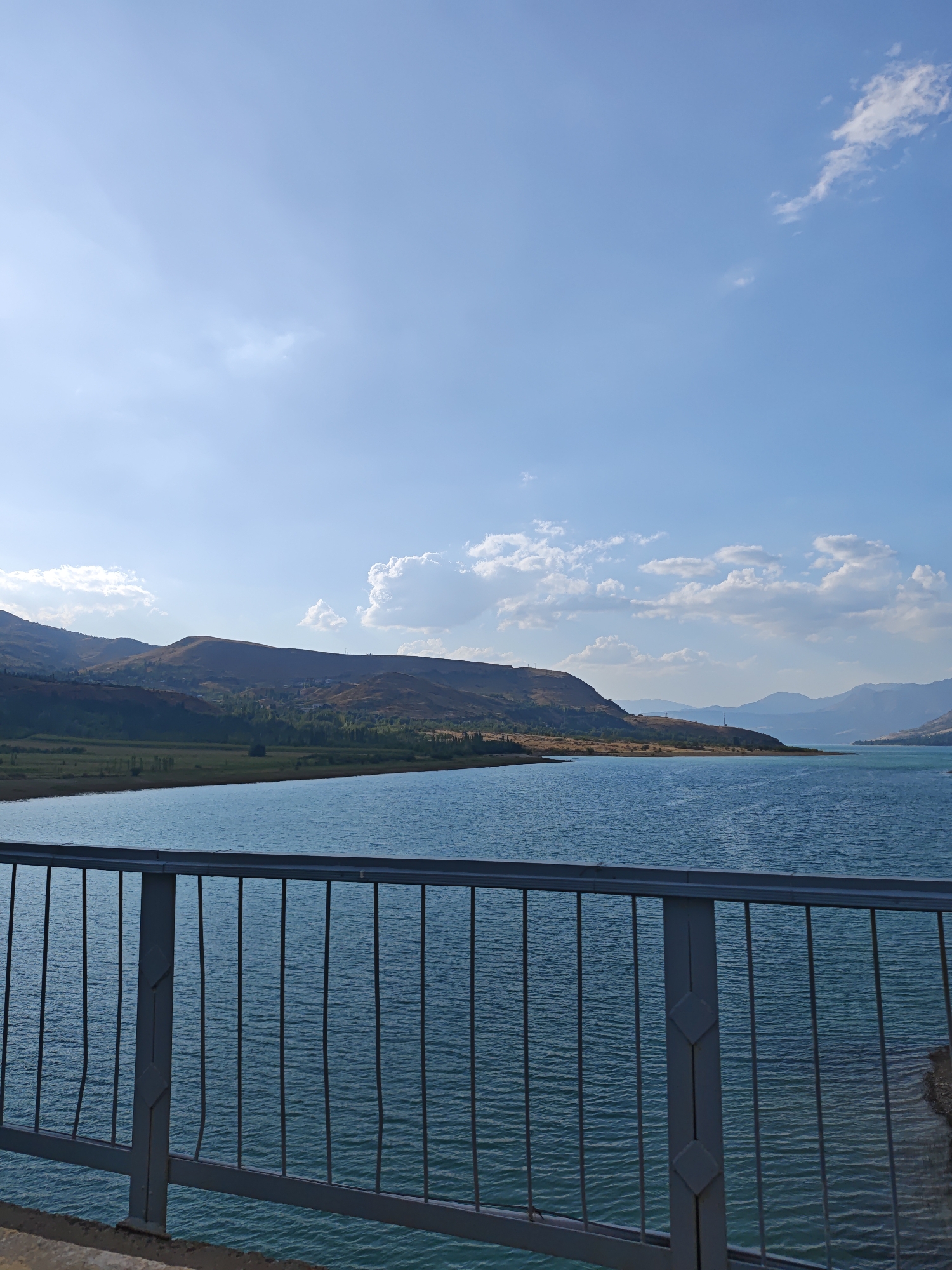 The image shows a wide body of calm, turquoise water, likely a reservoir or lake, under a clear blue sky with scattered white clouds. In the foreground, a metal railing with vertical bars and a horizontal top bar stretches across the frame, suggesting a bridge or embankment. Beyond the water, rolling hills covered in dry grass and scattered trees rise up. A few small structures are visible on the slopes of the hills. The landscape appears arid and mountainous, consistent with a location in the vicinity of Yanghikurgan, Uzbekistan, a region known for its natural beauty and proximity to reservoirs like the Aydar Lake. The scene is devoid of any people or specific activities, presenting a serene, natural landscape.