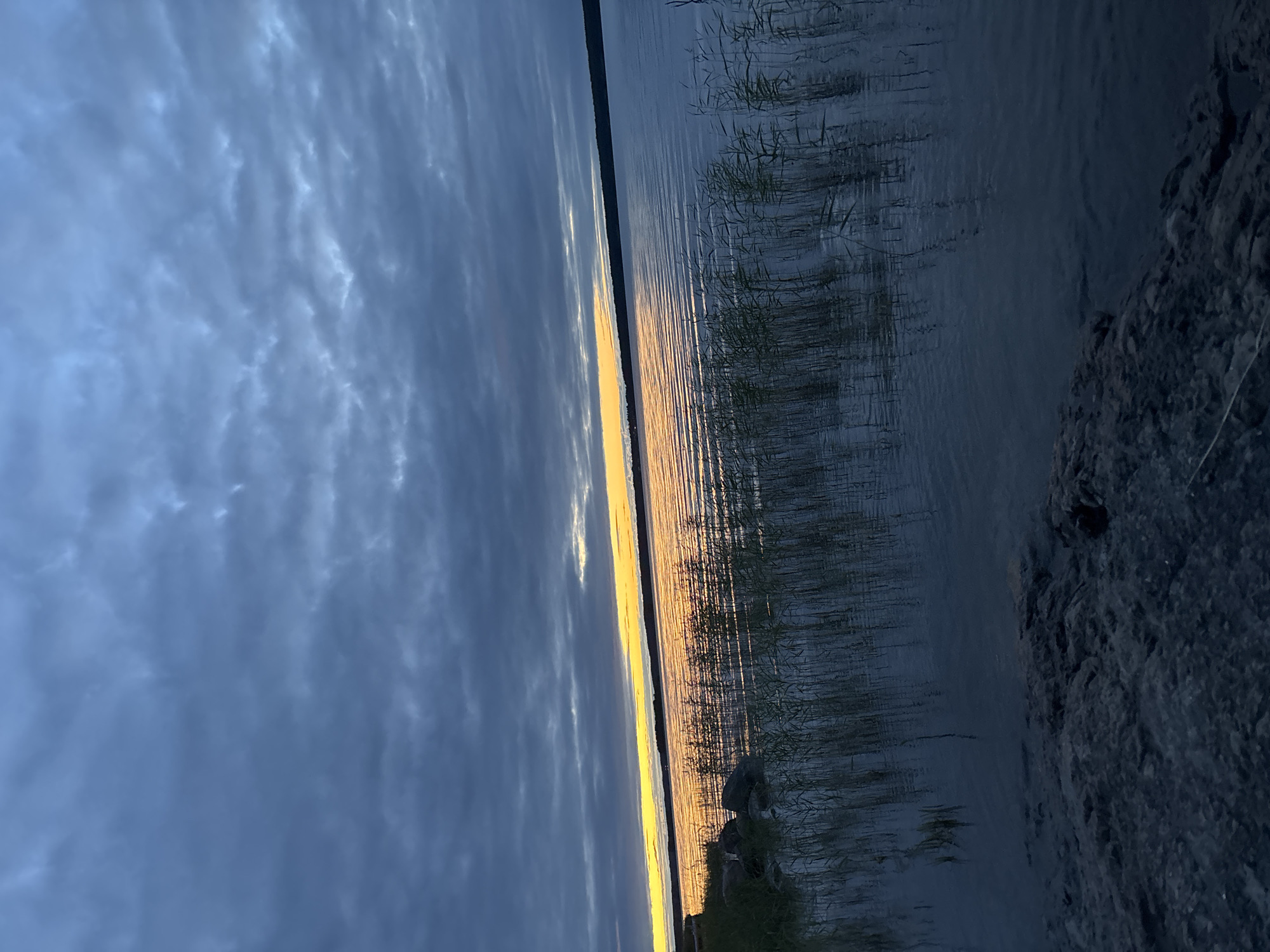 This is a vertical, eye-level, full shot photograph of a body of water, likely a lake, at dusk. The sky is filled with dark, dramatic clouds that take up the top half of the frame. A sliver of bright yellow and orange light pierces through the clouds near the horizon, casting a warm glow on the water. The water itself is calm, with subtle ripples reflecting the colors of the sky. Reeds or tall grass grow in clumps along the shoreline, their dark silhouettes mirrored in the water. In the foreground, a rough, dark, rocky shore anchors the bottom left of the image. The scene appears to be in the city of Shuiskaya Chupa, Russia. There are no people or animals visible in the frame.
