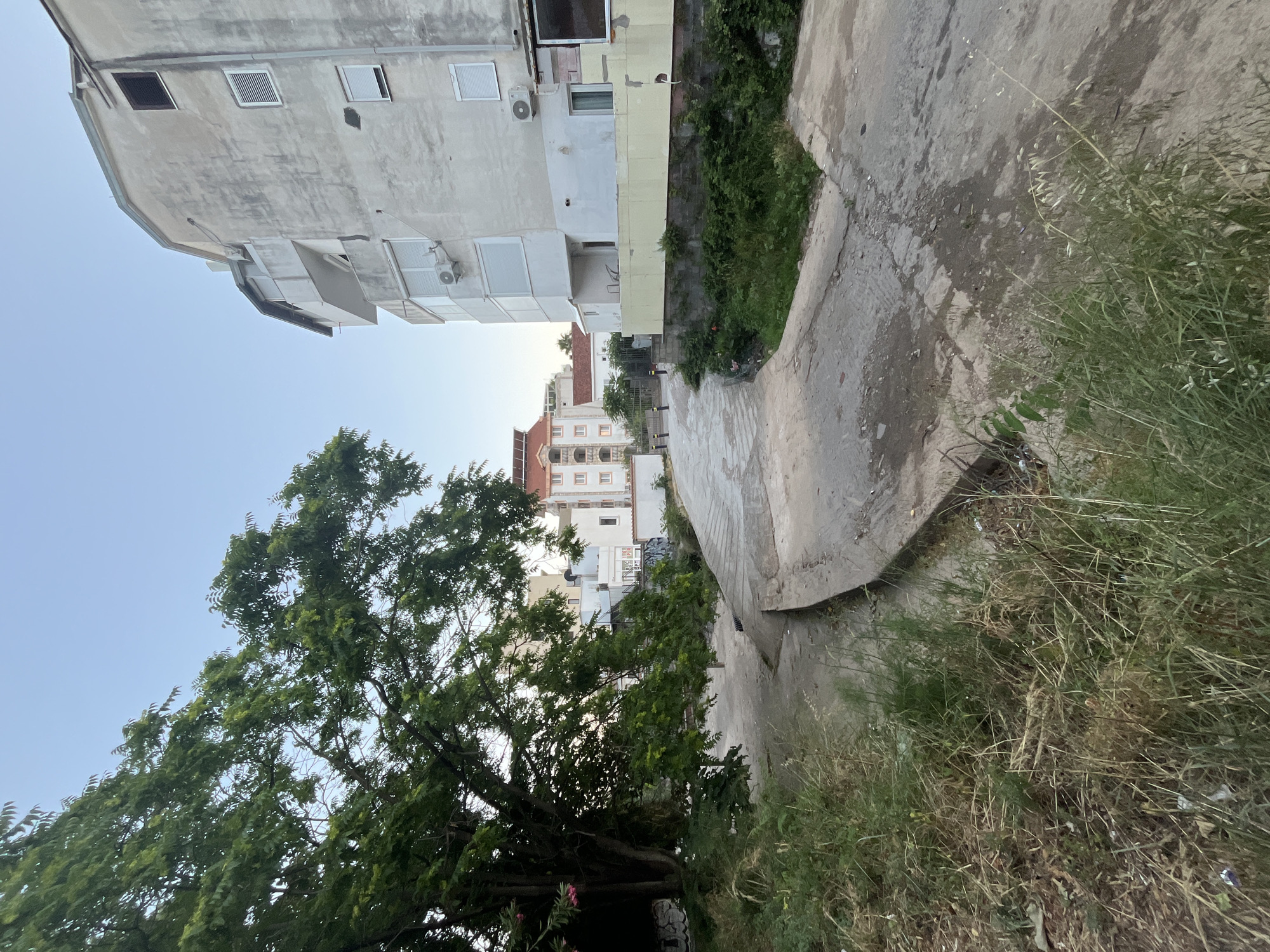 The image depicts an outdoor scene in Budva, Montenegro, featuring a concrete pathway winding through overgrown grass and vegetation. To the right, a multi-story building with a light-colored, weathered facade dominates the frame. The building has several windows, some with shutters, and multiple air conditioning units attached to its exterior. A pale yellow foundation wall is visible at its base, supporting the structure. In the background, more buildings are visible, including one with a red tiled roof and balconies. A large tree with lush green foliage extends from the left side of the image, partially obscuring the sky. The pathway appears to be a road or walkway, with some areas showing signs of disrepair and moisture. The sky is clear and blue, indicating daytime. There are no people visible in the scene.