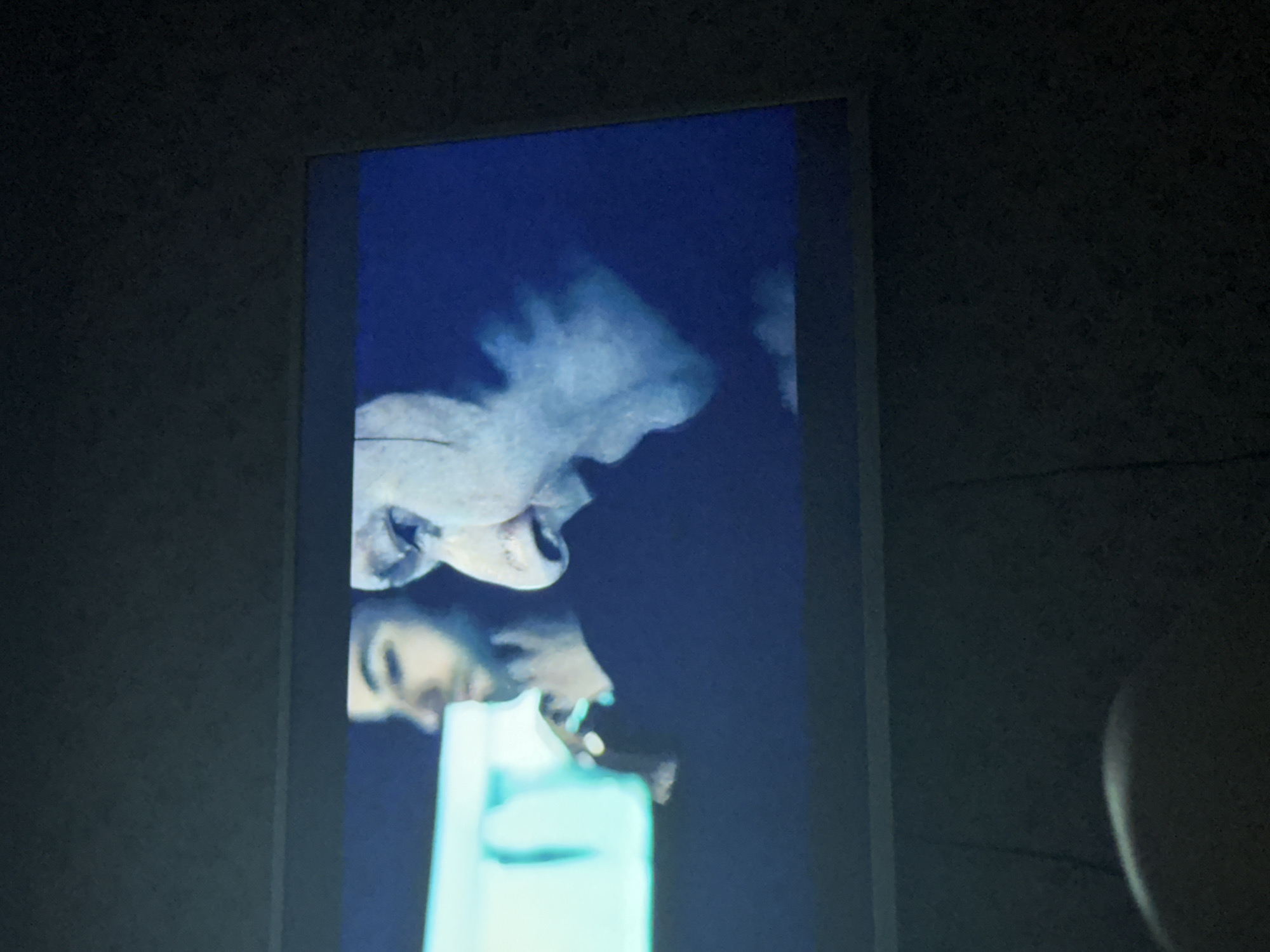 The image depicts a television screen displaying an upside-down image. The screen shows what appears to be a man's face partially reflected in water. The environment is dimly lit. The location is unspecified as the image is contained on the tv screen. The city of Mytishchi, Russia, is not visible in this image.