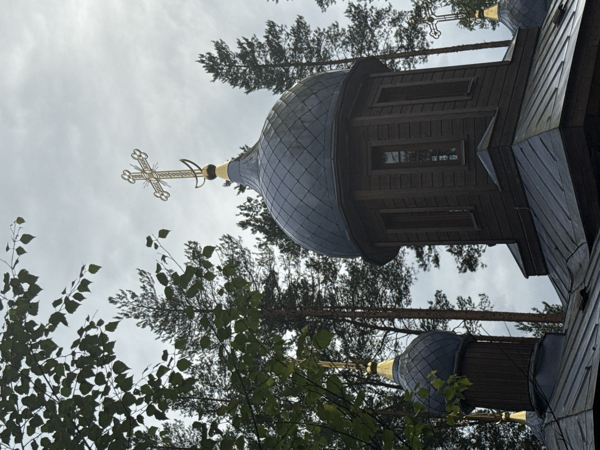 The image shows the wooden bell tower of a Russian Orthodox church in Nelyubimka, Russia. The tower has a dark, weathered wood exterior with several windows. It is topped with a dark, onion-shaped dome with a golden cross. The church is surrounded by tall pine trees, and the sky is overcast. The foreground shows the roof of the church, also made of dark metal.