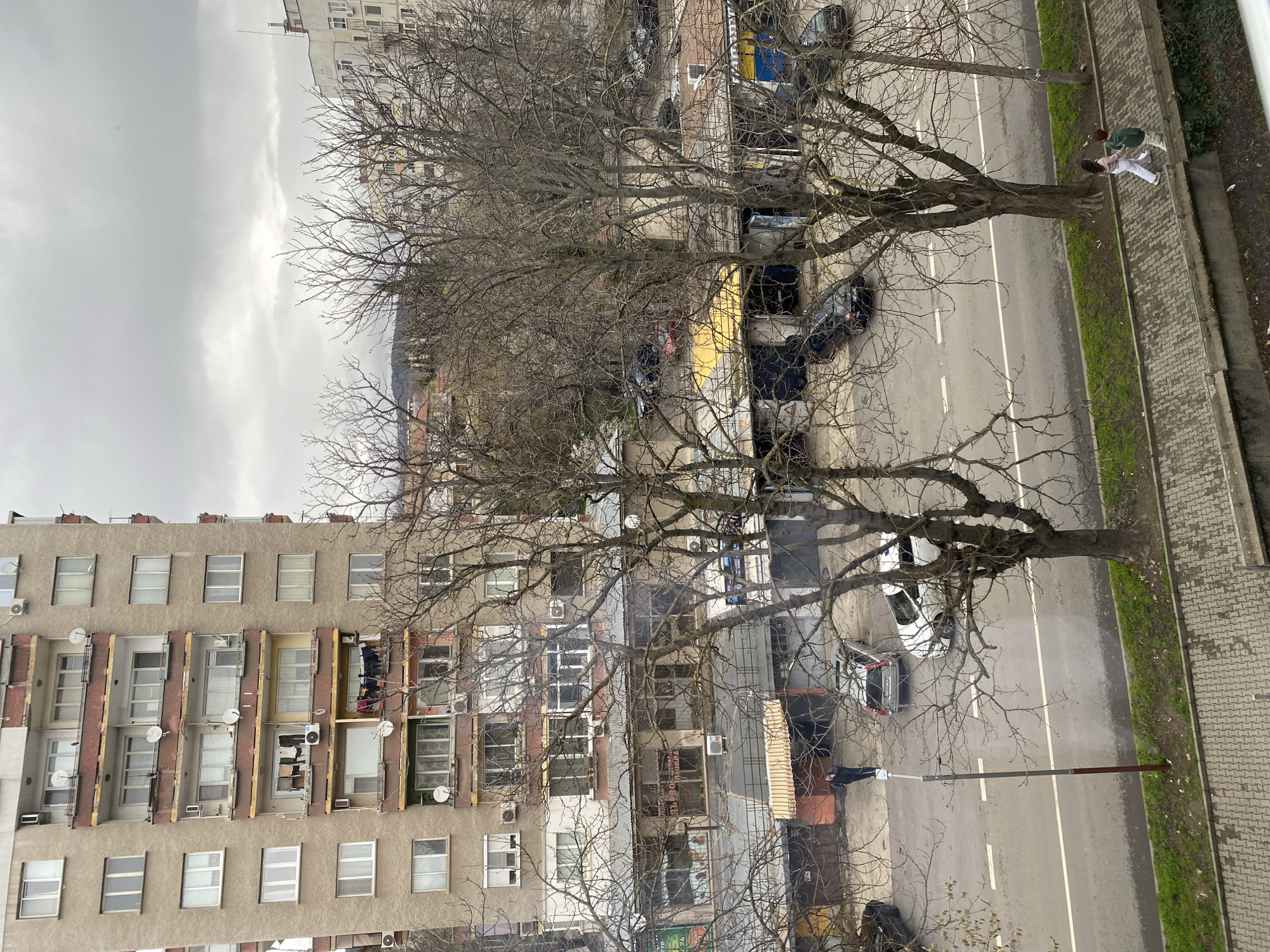 The image shows a cityscape from an elevated perspective in Stara Zagora, Bulgaria. Buildings are prominent on the left, featuring multiple floors with balconies and visible satellite dishes. A street divides the buildings from a sidewalk on the right. Vehicles are parked along the street. Bare trees dominate the foreground, obscuring parts of the buildings and the street. On the sidewalk, two people are walking and talking. The sky is overcast.