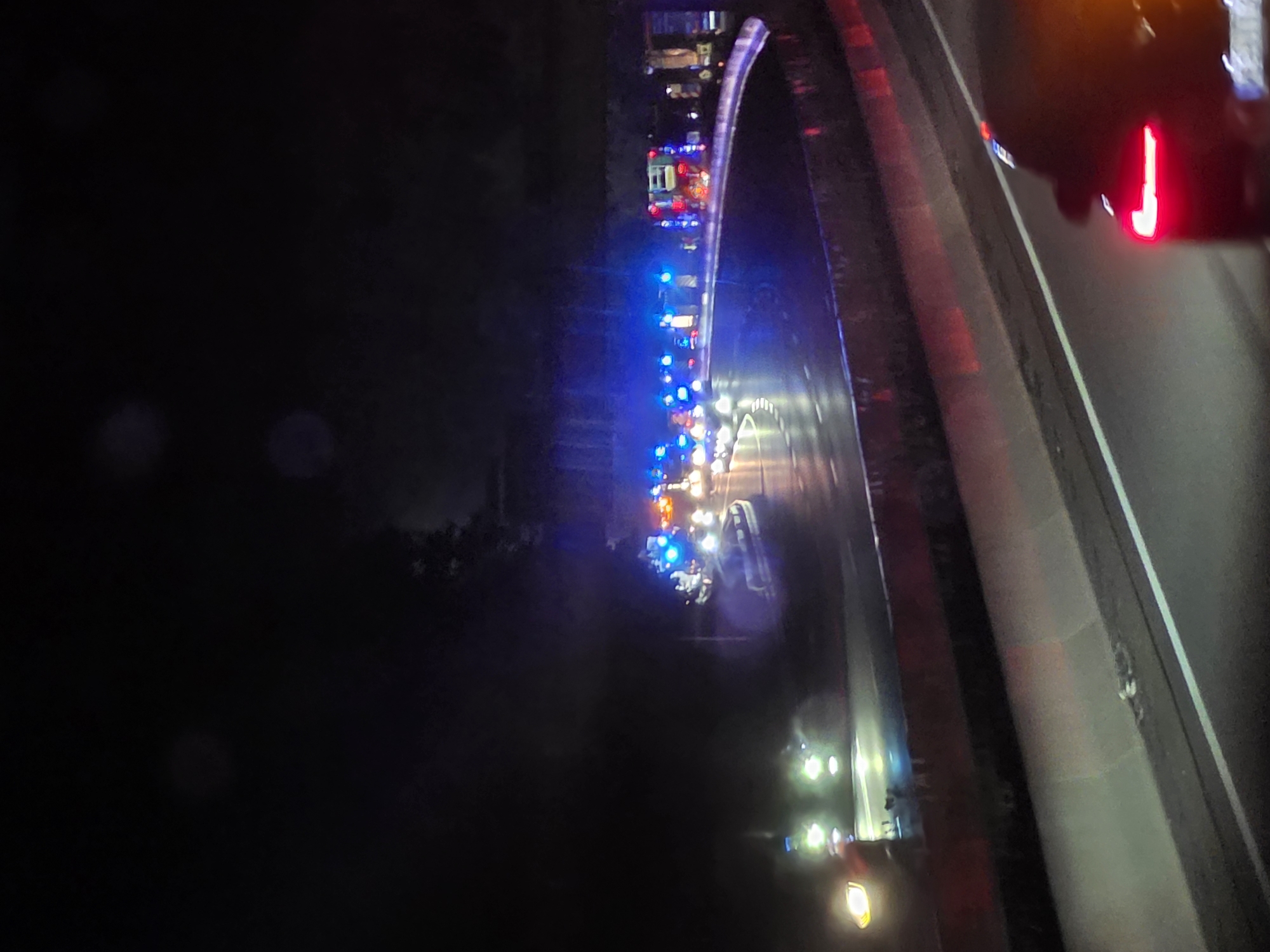 The image depicts a nighttime scene on a highway in or near Seligenstadt, Germany. A line of emergency vehicles, including what appear to be police cars with flashing blue lights and a fire truck with flashing red and blue lights, are stopped on the curving highway. Their lights illuminate the wet roadway and surrounding trees. A few passenger vehicles are also visible, including one in the foreground with its brake lights illuminated. The presence of emergency vehicles suggests an incident or traffic stop has occurred.