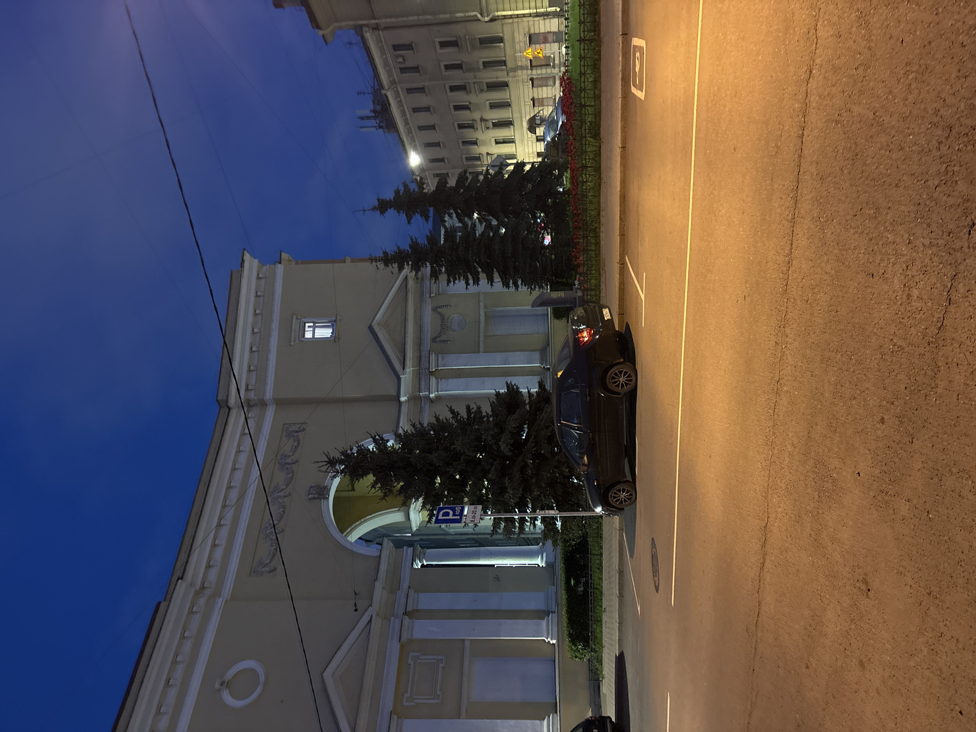 The image shows a street scene in Saint Petersburg, Russia, at night. A light-colored building with ornate architectural details stands on the left side of the frame. In front of the building, a line of evergreen trees separates the building from the street. A dark-colored car is parked along the side of the road. The street is illuminated by streetlights, and parking lane markings are visible. The sky above is a deep blue.