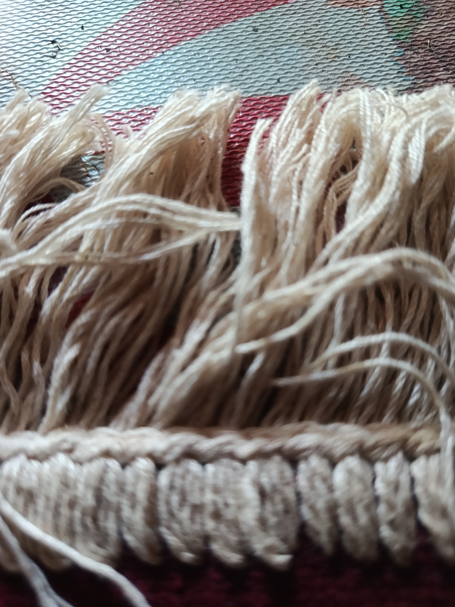 The image is a close-up shot of the frayed edge of a carpet or rug. The carpet appears to be made of a coarse, natural fiber in a light tan or beige color. The edge is finished with a row of tightly woven loops, forming a decorative border. Above this border, the individual threads of the carpet are frayed and hang loosely, creating a fringe effect. The background of the image is out of focus, but appears to be a textured surface with faint red and white stripes, possibly another textile or a patterned mat. The lighting is soft and diffused, highlighting the texture of the fibers. There are no people or any indication of a specific location within Karangmojo, Indonesia, visible in the image.