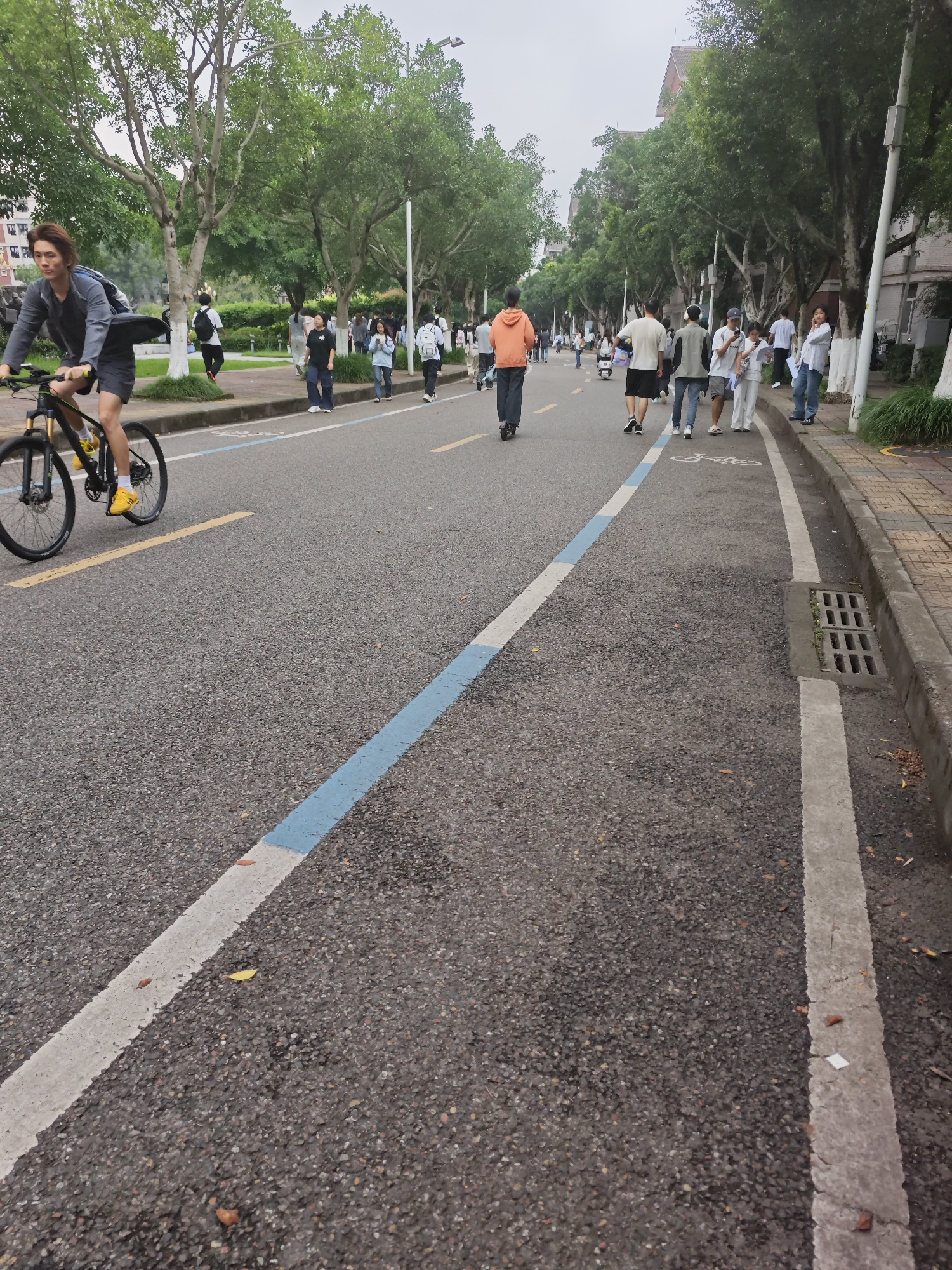 The image depicts a street scene in the Chongqing High-tech Zone, China. A person is riding a bicycle on the left side of the frame, wearing a grey jacket and black shorts, with yellow shoes. The road is paved with asphalt and has distinct lane markings: a yellow line separating lanes and a white line along the edge of the bicycle lane, which is further delineated by a blue stripe. Multiple people are walking along the sidewalk on the right side of the road, some in casual attire, others appearing to be students. Some individuals are on electric scooters. Trees line the sidewalk, providing shade, and buildings are visible in the background. A storm drain is present along the curb. The overall atmosphere is that of a public space with moderate pedestrian and vehicular traffic.