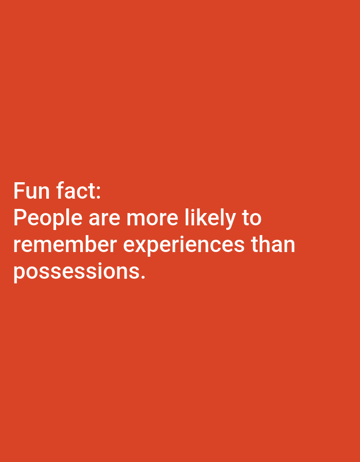 This media file is a digital image featuring white text on a solid, vibrant orange background. The text is arranged in four lines and reads: "Fun fact: People are more likely to remember experiences than possessions." The font is a simple sans-serif style. There are no discernible subjects, objects, scenes, or events depicted beyond the text itself. The context provided places the origin of this image in Lagos, Nigeria, but this information cannot be derived from the visual content alone. The image appears to be a graphic used for sharing information or a quote.