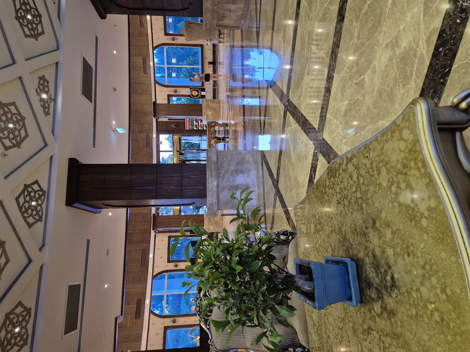 A vibrant indoor shot in a hotel lobby in Alanya, Turkey. The foreground features a small potted plant in a blue container resting on a table with a golden surface and ornate edging. The lobby's design is characterized by marble flooring with a geometric pattern of light and dark tones, reflecting ambient light. There's a wooden structural column supporting a ceiling decorated with patterned tiles. In the background, large arched windows reveal an exterior view, with a woman standing nearby in casual attire. Other furniture and decorative elements are visible in the lobby.