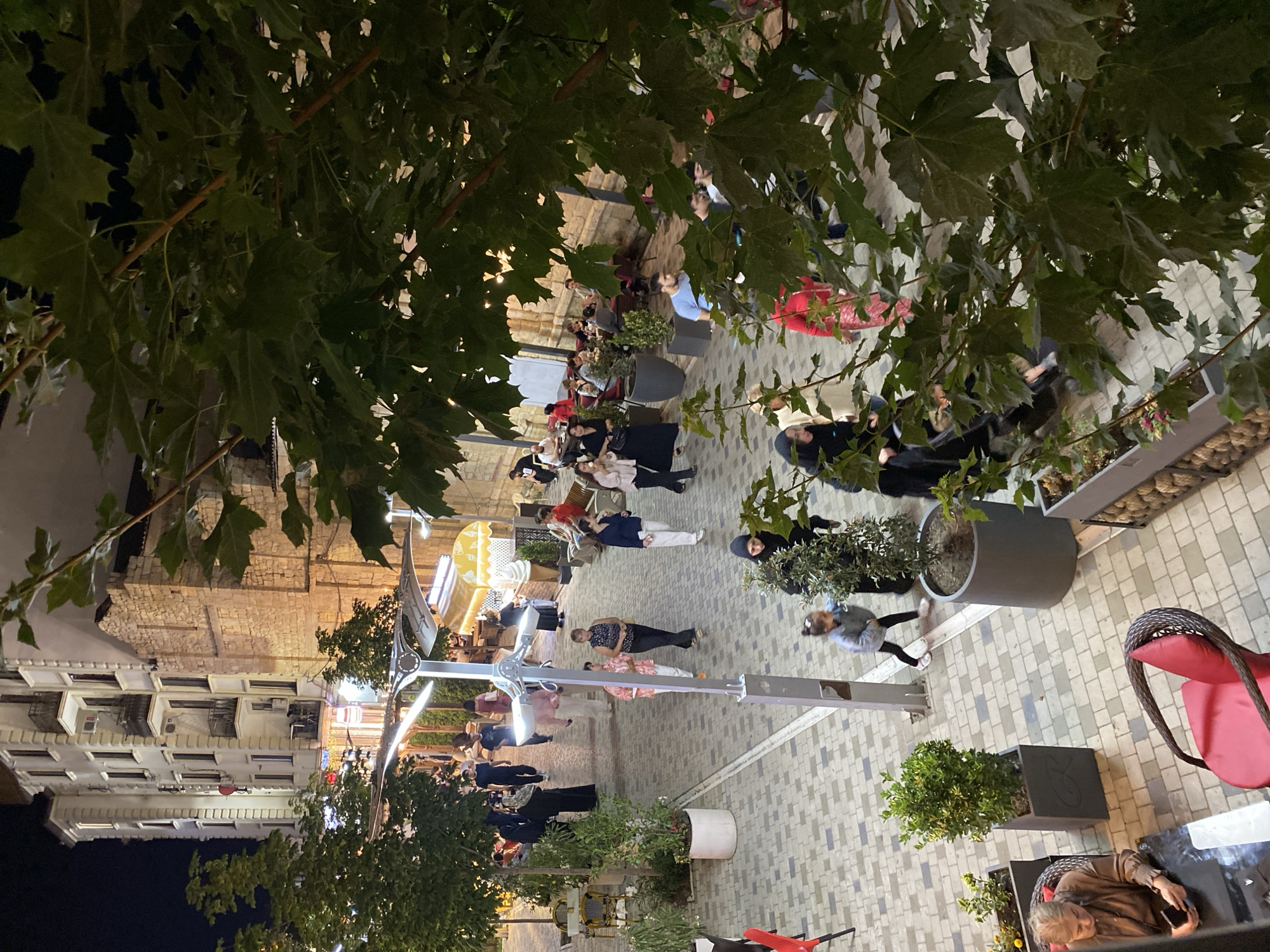 This is an aerial, night-time, eye-level, medium shot of a street scene in Derbent, Russia. A large tree with green leaves is in the foreground, partially obscuring the view of the street below. The street is paved with a patterned tile that resembles cobblestones. People are walking along the street and seated at outdoor tables of cafes and restaurants that line one side of the street. The buildings on the other side are multi-story with balconies. The lighting is primarily from streetlights and the illuminated windows of the buildings.