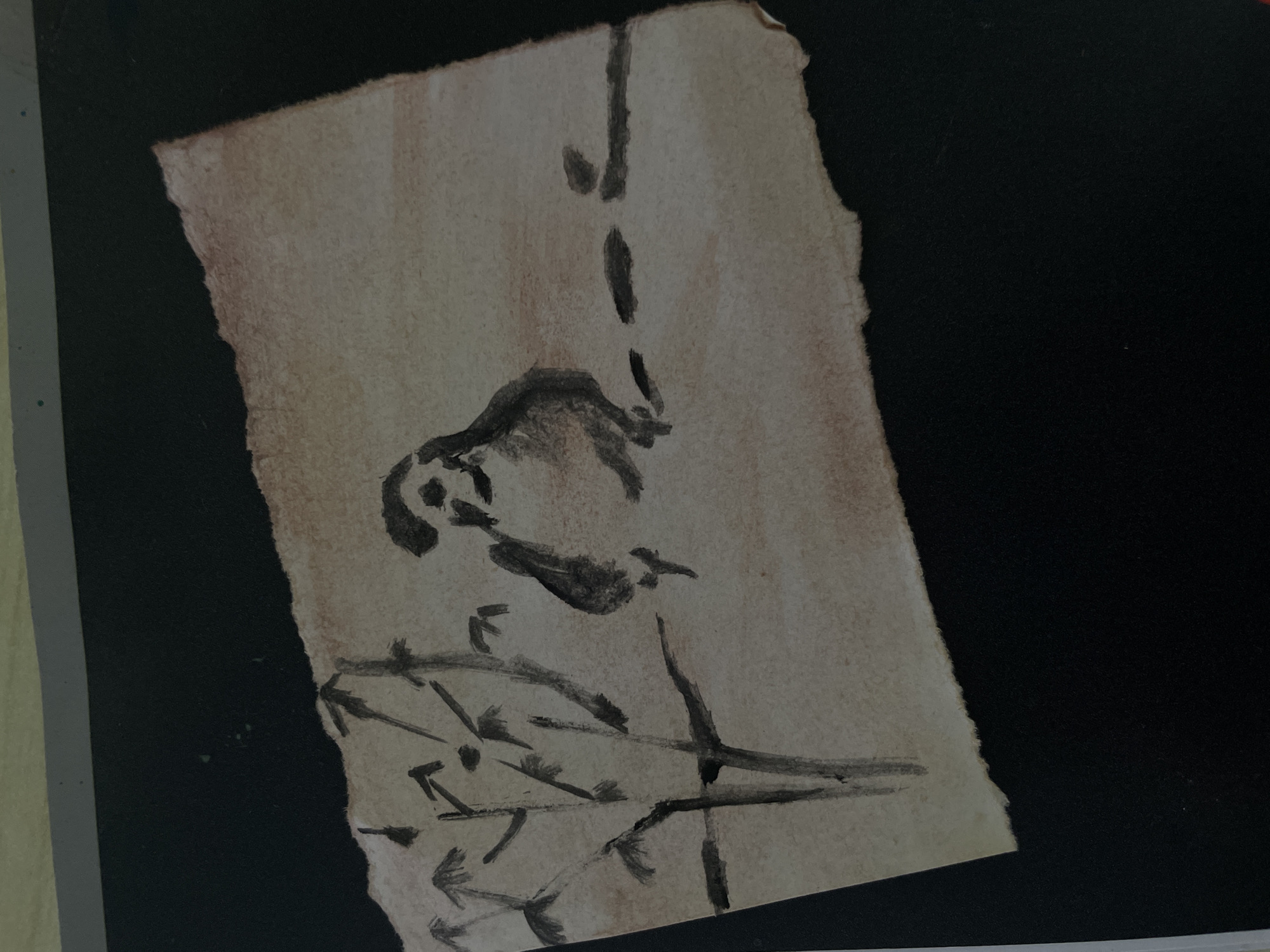 A torn piece of parchment with a minimalist ink drawing is set against a black background. The drawing depicts a bird with its head down, possibly pecking at something, perched on thin branches. The parchment has a rough, uneven edge, suggesting it might be a fragment of a larger piece or deliberately aged. The ink is dark and appears to be applied with a brush, creating a loose, freehand style. The background is uniformly black, providing a stark contrast to the light brown parchment and dark ink. There is no visible text in the image. The style of the drawing evokes traditional East Asian ink wash painting, often featuring nature motifs. The scene is abstract and focuses on the simplicity of the subject and the texture of the material.