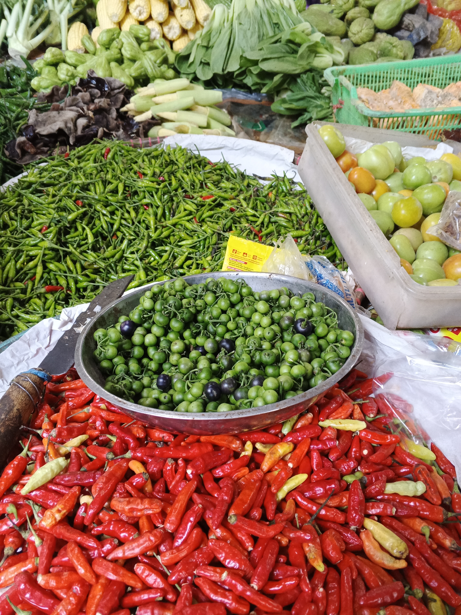 An eye-level, medium shot captures a vibrant display of fresh produce at a market stall in Warungkiara, Indonesia. The foreground is dominated by a large pile of bright red chili peppers, some exhibiting yellow and green tinges, suggesting varying stages of ripeness. Interspersed among the red chilies are some lighter colored chilies. Behind the red chilies, a metallic bowl holds a generous portion of small, round, green vegetables, some of which are interspersed with dark purple berries. To the left of the bowl, a dull knife with a wooden handle is positioned, its blade angled downwards towards the red chilies. In the mid-ground, a vast quantity of small, slender green chilies fills a large area, with a few red ones mixed in. A yellow packet is visible within this pile of green chilies. Further back, various other vegetables are displayed, including leafy greens, what appear to be small ears of corn, and some larger green, bulbous vegetables. A green plastic basket holding what looks like sliced salmon is visible in the upper right portion of the image, alongside more green vegetables. The overall impression is one of abundance and freshness, typical of an Indonesian market.