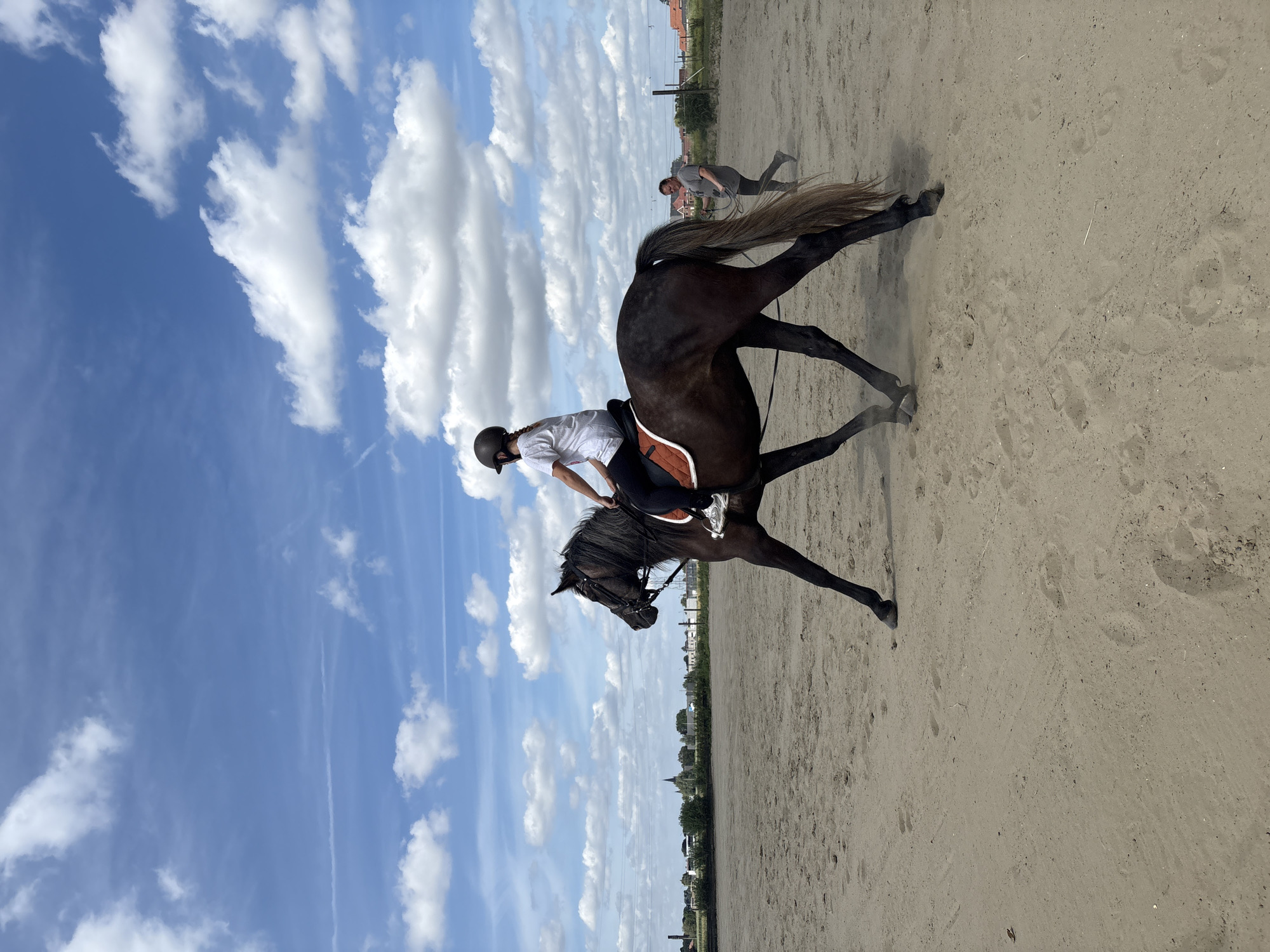 A rotated, medium shot shows a dark horse with a rider in a helmet, and a man with a rope in an outdoor riding arena in Estaimpuis, Belgium. The rider, wearing a white shirt and black riding pants, is in the saddle. The man stands to the horse's rear, possibly guiding or training it with the rope.
The arena has a sand-like surface, and the horse kicks up dust. The background includes a clear blue sky with scattered clouds and a distant view of buildings and trees. Power lines are also visible in the background. The general setting suggests a rural or suburban area.
