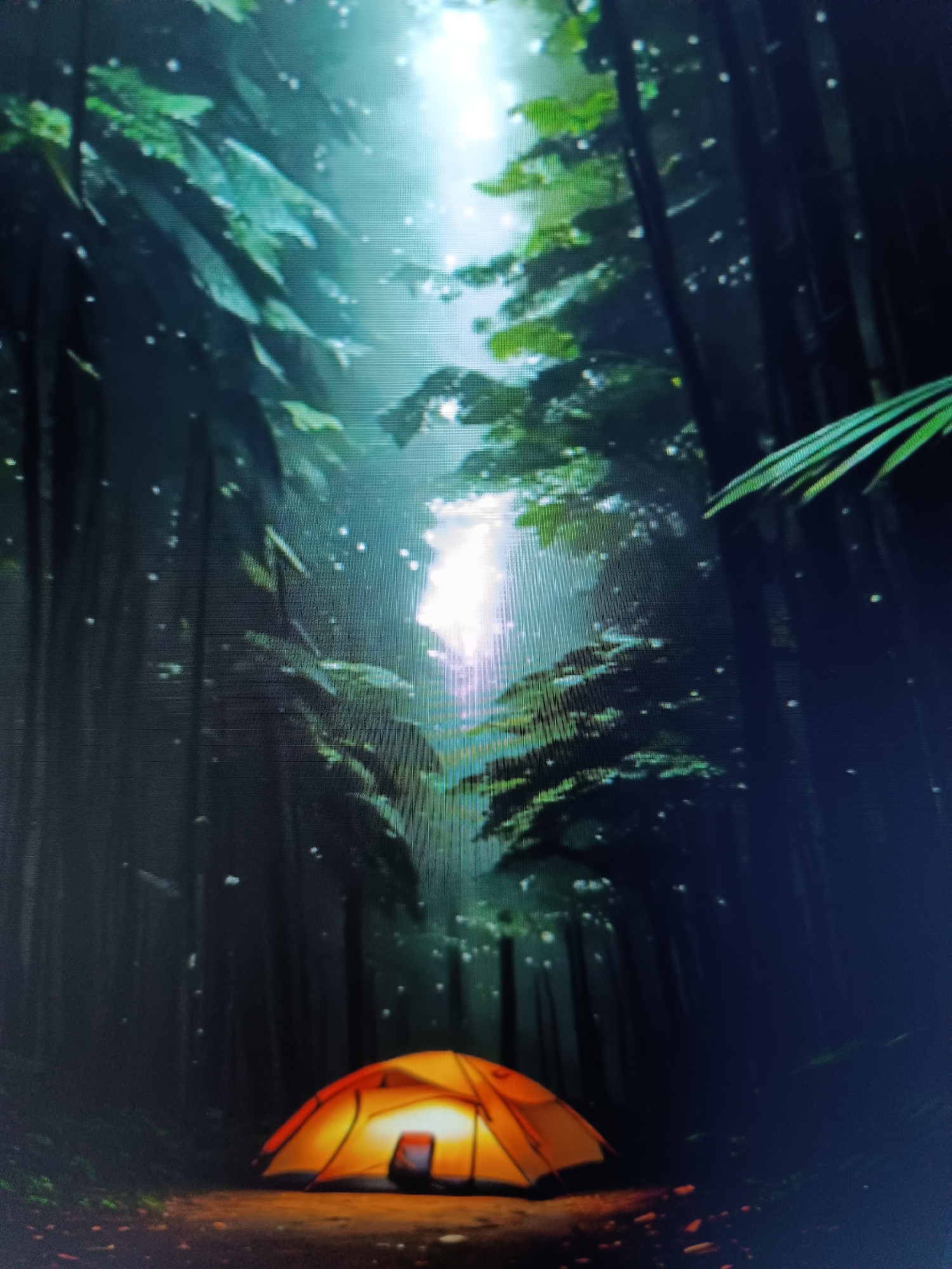 The image depicts a nighttime scene in a forest with a tent illuminated from within. The tent is orange and dome-shaped, situated on a dirt path. Tall, dark trees with green foliage surround the campsite. A bright, ethereal light source shines from the upper center of the image, casting rays through the trees and creating a misty, atmospheric effect with visible particles of light or dust. The overall mood is serene and magical, suggesting a peaceful camping experience in a secluded natural setting. The time of day is clearly night, indicated by the darkness of the forest and the lit tent. There is no visible text in the image. The location context provided, "Taraz city administration, Kazakhstan," does not appear to be reflected in the visual content of the image itself.