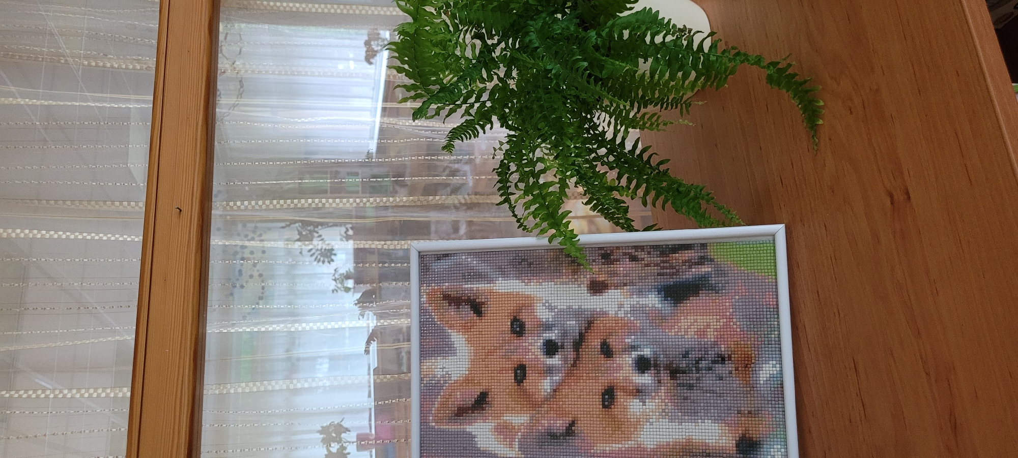 A framed diamond painting of two foxes sits on a wooden surface next to a potted fern. Behind the objects, sheer curtains with a checkered pattern hang in front of a window. The scene appears to be indoors, with natural light coming through the window. The diamond painting is the primary subject, with the foxes' faces prominently displayed. The fern adds a touch of greenery and life to the composition. The wooden surface suggests a tabletop or shelf. The overall impression is one of a cozy and decorative setting.