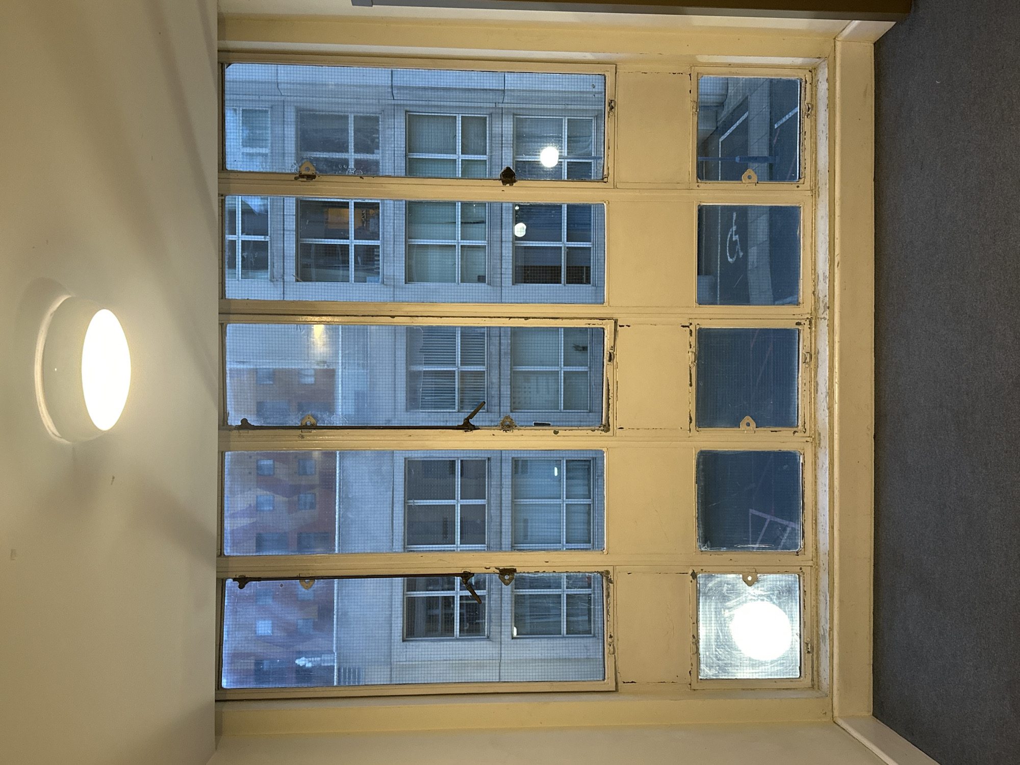 View of a window with multiple panes. The window faces other buildings with similar grid-like window patterns. An opaque bulb is on the left wall. A gray carpet is visible through one of the window panes. The city is London, UK.