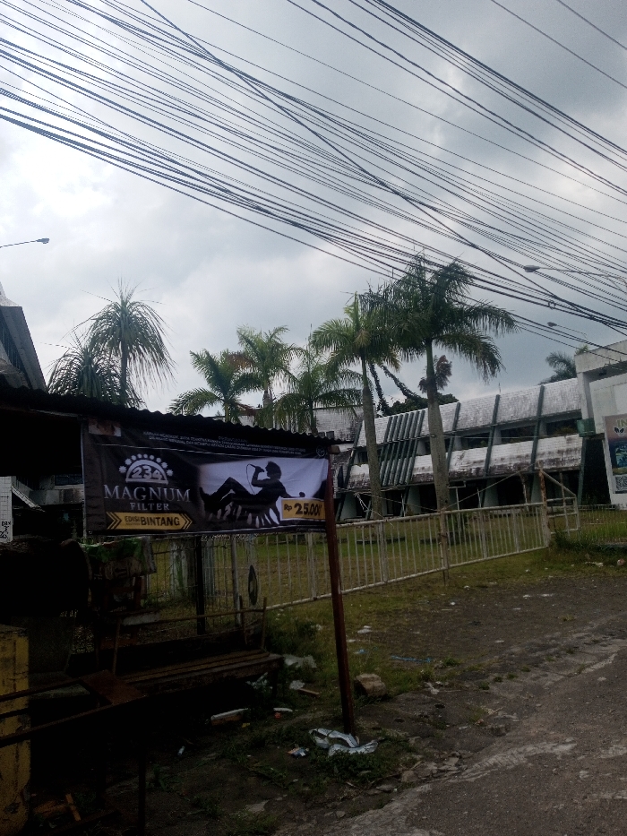 The image depicts an outdoor urban or semi-urban scene under an overcast, uniformly gray sky. Numerous black utility wires crisscross the upper portion of the frame. A street light is partially visible in the upper left.
In the foreground, a makeshift structure, possibly a vendor stall, stands on the left, partially obscured by shadow. A dark wooden bench or platform is positioned in front of it. The ground immediately around this structure is unpaved, consisting of dirt and gravel with sparse green vegetation and scattered debris, including plastic bags.
A prominent black banner is displayed, attached to the makeshift structure on the left and a brown pole on the right. The banner advertises "234 MAGNUM FILTER EDISI BINTANG" and features a white silhouette of a person singing into a microphone, seemingly reclining or seated. A yellow oval on the banner displays "RP 25.000."
Behind the banner and foreground area, a low white metal fence encloses an unkempt grassy space. Several palm trees with green fronds and tall, slender trunks are scattered across this midground area.
In the background, a large, multi-story building with a distinctive modern architectural style is visible. It features angled white and dark-colored panels or slats on its facade, showing signs of weathering and discoloration. To the far right, a partial sign displaying what appears to be "INDONESIA" and a badminton shuttlecock icon is visible. The ground on the right transitions to a cracked asphalt or paved surface.
Despite the prompt's instruction to locate this scene in Kalchini, India, contextual clues on the banner, specifically "RP 25.000" (Indonesian Rupiah) and "Bintang" (an Indonesian brand), strongly indicate the location is in Indonesia.