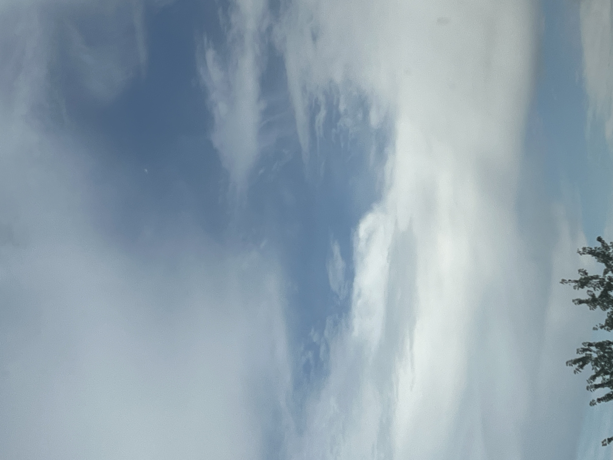 The image depicts a partially cloudy sky with patches of blue sky visible. In the foreground, the tops of trees are visible, indicating an outdoor setting. There is a small, faint white speck in the upper right portion of the sky, which could be a distant object or a photographic anomaly. No buildings or specific landmarks are discernible in the image, and therefore, no specific location within Warsaw, Poland, can be identified. The scene is static and shows no discernible action or interaction.