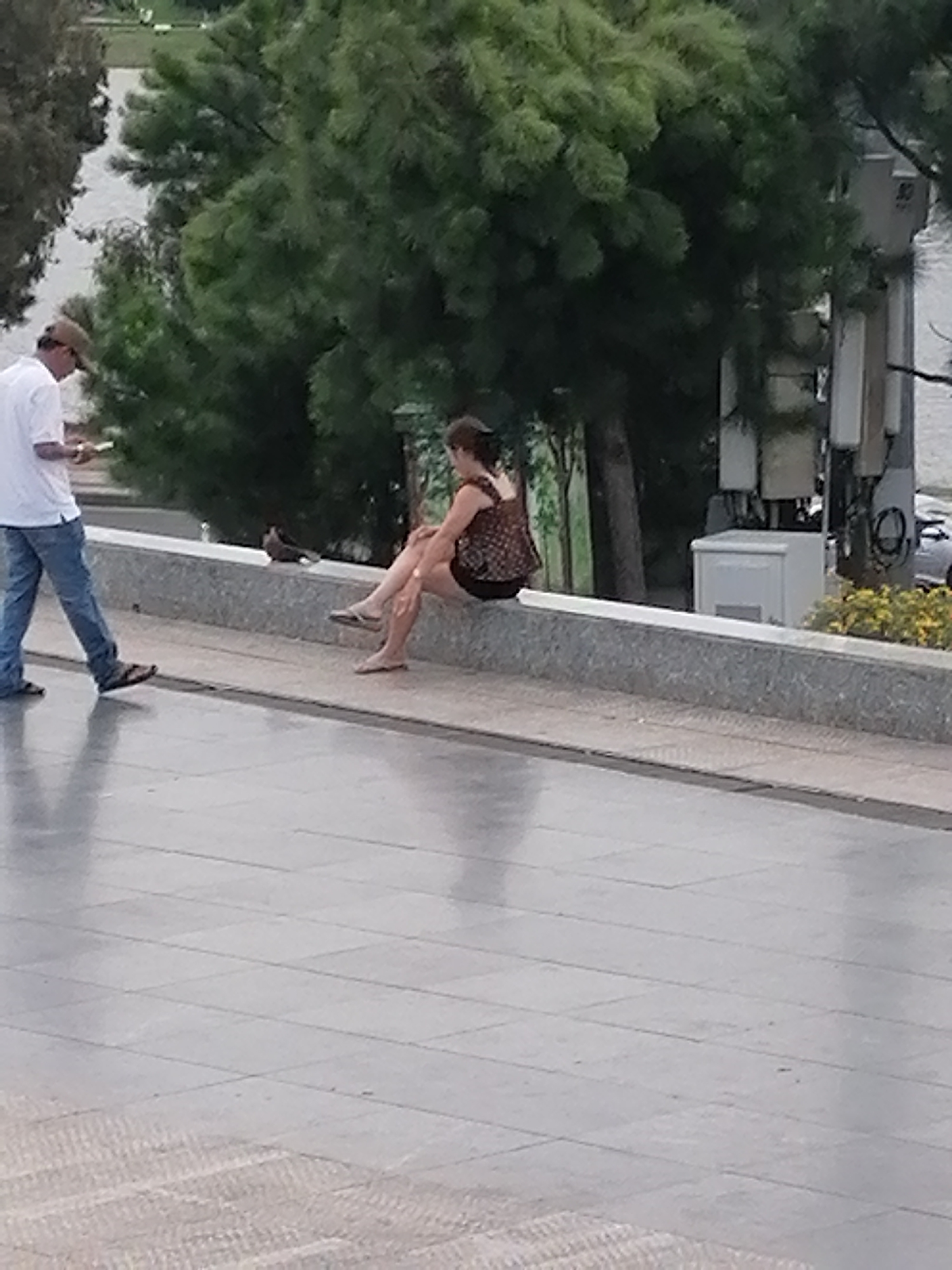 A man in a white t-shirt and blue jeans is standing on a paved walkway, looking down at a mobile device. A woman in a patterned tank top and shorts is sitting on a low wall beside a body of water, with her legs extended. A pigeon is perched on the wall between them. In the background, there are trees and a modern structure with various boxes and panels attached. The setting appears to be a public park or promenade in Da Lat, Vietnam, likely near Xuan Huong Lake given the presence of water and recreational space.