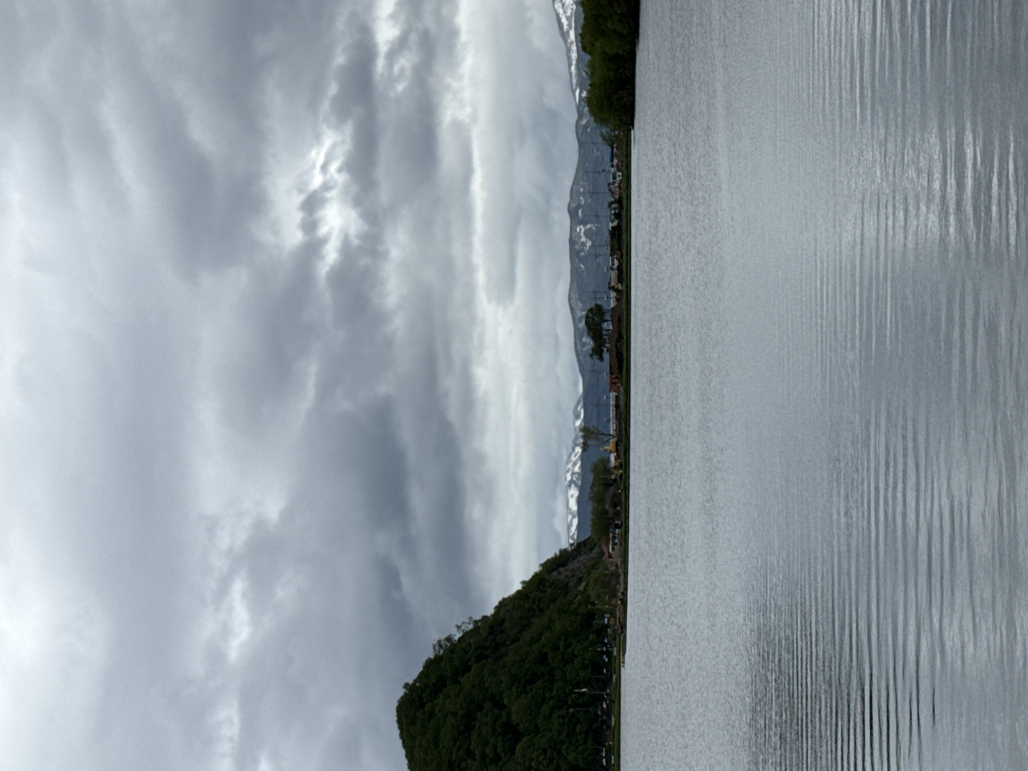 The image depicts a panoramic view of a body of water, likely a lake or bay, under an overcast sky. In the foreground, the water's surface is calm with visible ripple patterns creating a textured effect. The middle ground reveals a lush green, tree-covered hill on the left, sloping towards the water. Further to the right, a low-lying shoreline is visible, dotted with a few structures that appear to be buildings or houses, suggesting a settlement. Beyond this, a range of mountains stretches across the horizon, with their peaks dusted with snow, indicating a cooler climate. The overall atmosphere is subdued and natural, with no visible people or active events. The scene is consistent with landscapes found in and around Petropavlovsk-Kamchatsky, Russia, a city known for its proximity to natural wonders including volcanic mountains and bodies of water.