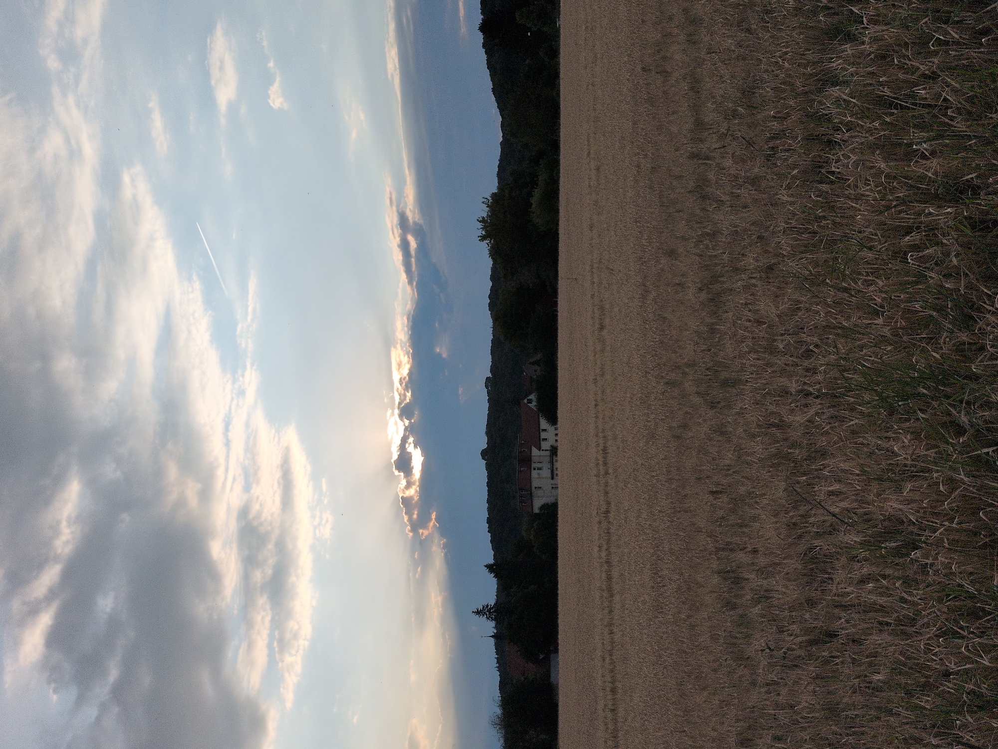 A wide-angle shot depicts a sunset over a field of wheat in Rastenberg, Germany. The sky is partially covered by clouds, with rays of sunlight breaking through, casting a warm glow on the scene. A contrail from an airplane is visible in the upper right quadrant of the sky. In the mid-ground, several buildings and trees are nestled against a backdrop of rolling hills. The foreground is dominated by the golden-brown expanse of the wheat field, suggesting a late summer harvest. The overall impression is one of rural tranquility at dusk.