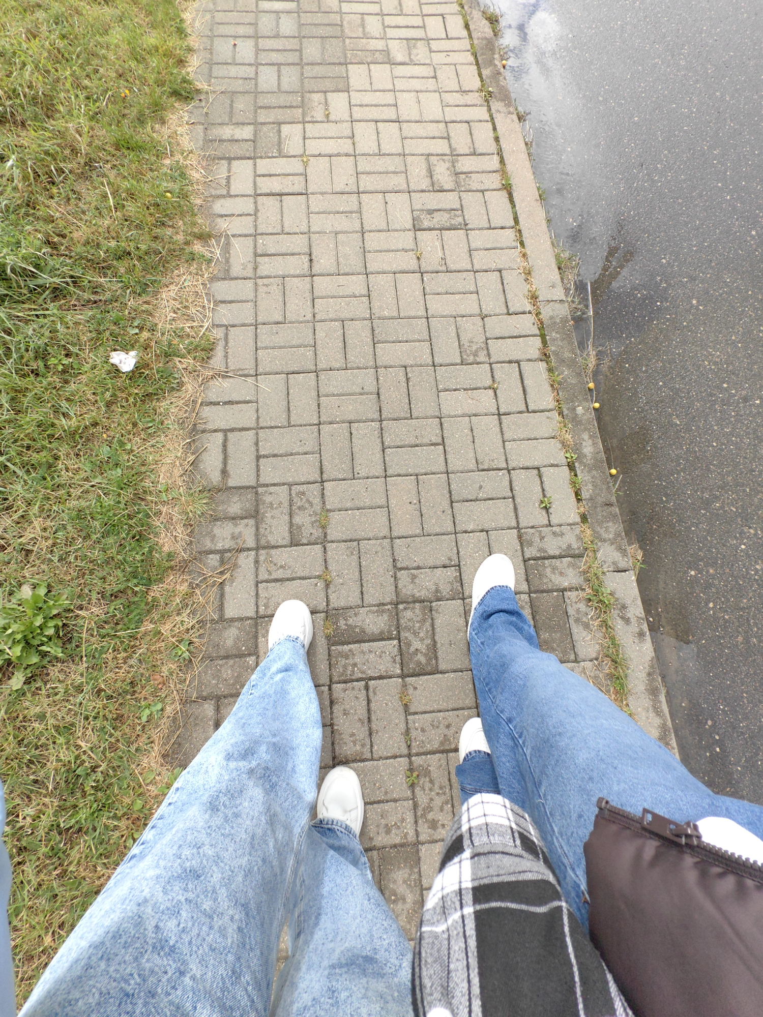 This is a first-person, eye-level, medium shot photograph taken on a paved sidewalk in Myadzyel, Belarus. The sidewalk is constructed of light gray rectangular pavers arranged in a running bond pattern. To the left of the sidewalk is a strip of grass with some dry patches and sparse green growth. To the right of the sidewalk, there is a curb and then a wet asphalt surface, possibly a road, with some small yellow fruits scattered near the curb.
In the foreground, two pairs of legs are visible, suggesting two individuals are walking or standing on the sidewalk. The person in the foreground on the left wears light blue acid-washed jeans and white sneakers. Their left leg is bent at the knee, and their right leg is positioned forward. The person on the right wears similar light blue jeans and white sneakers, with their left leg positioned forward. A dark brown bag with a visible zipper is positioned in front of this person's right leg. A black and white plaid garment is visible across the lower abdomen of the person on the right. The action depicted is ambiguous; they could be walking, posing, or resting. The lighting appears to be overcast, contributing to the muted colors in the scene.