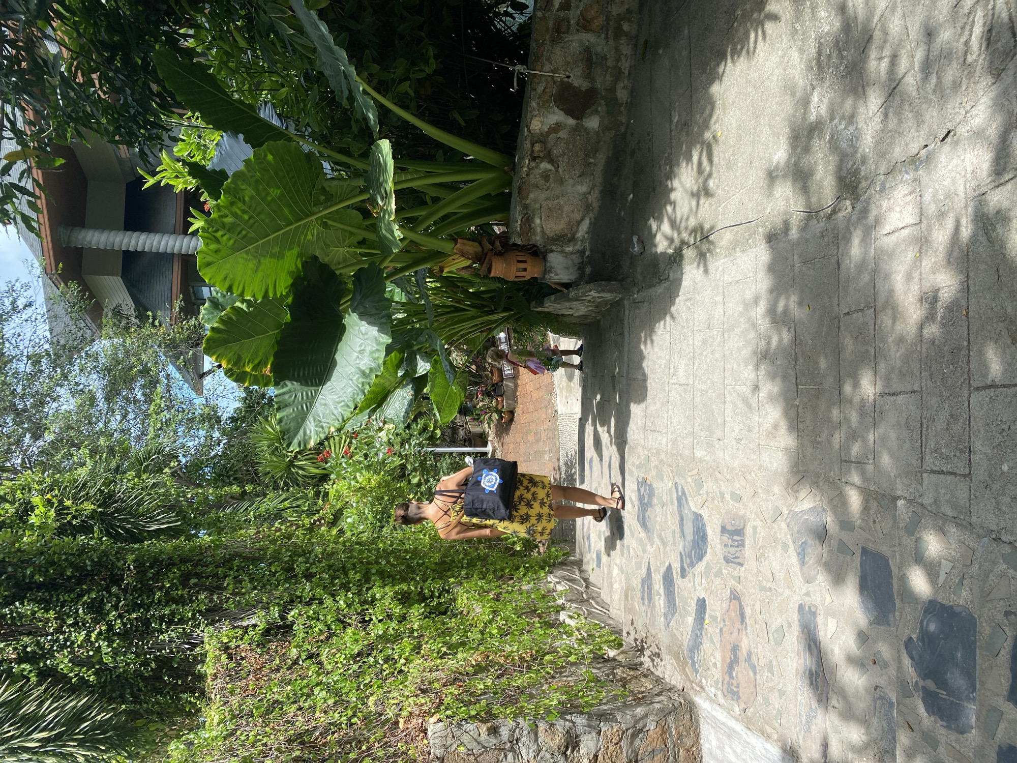 A woman wearing a yellow sundress and flip-flops is walking down a stone pathway, carrying a black tote bag. Beside her, a young child in a green dress is also walking down the path. The pathway is lined with lush green foliage, including large elephant ear plants, and a stone wall on the left side covered in ivy. In the background, a building with a gray roof and a multi-story structure is partially visible through the trees. The scene appears to be a resort or a private residence in a tropical location.