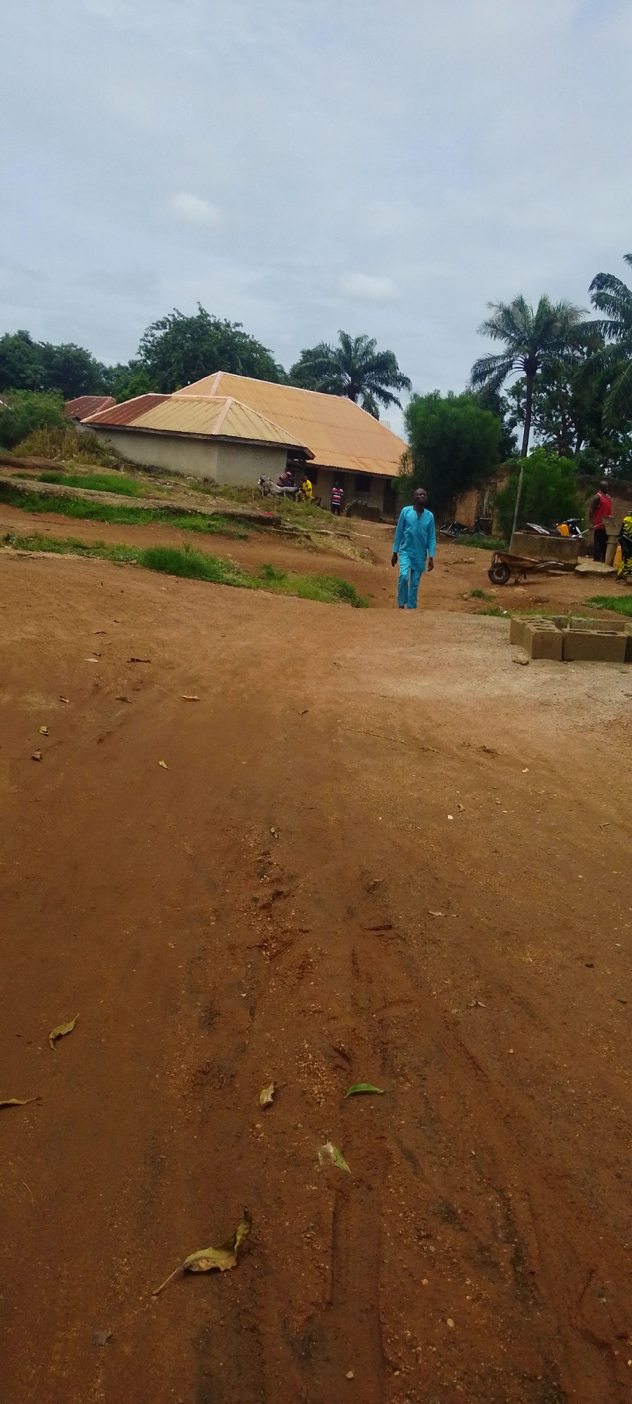 The image depicts an outdoor scene in Baissa, Nigeria, likely during the daytime under an overcast sky, suggesting it might be cloudy or nearing dusk. The ground is predominantly reddish-brown dirt, with some patches of dry grass and fallen leaves scattered throughout. In the background, a building with a distinctive orange or copper-colored roof is visible. It appears to be a single-story structure with lighter-colored walls.
Several people are present in the scene. One man, wearing a bright blue traditional outfit, is walking towards the viewer on the dirt path. Further back, near the building, a few other individuals are gathered, though their features are less distinct. One person in a yellow shirt and another in a striped shirt are visible. To the right of the building, there's a wheelbarrow and what looks like a motorcycle or motorbike parked. A few stacks of what appear to be concrete blocks are also visible on the right side of the frame.
The overall setting suggests a rural or semi-rural environment in Nigeria. The architecture of the building, the clothing of the people, and the presence of elements like the wheelbarrow and the motorbike are consistent with this location context. The sky is a pale gray, indicating diffused light, and there are no strong shadows, reinforcing the idea of an overcast or cloudy day. There is no visible text in the image.