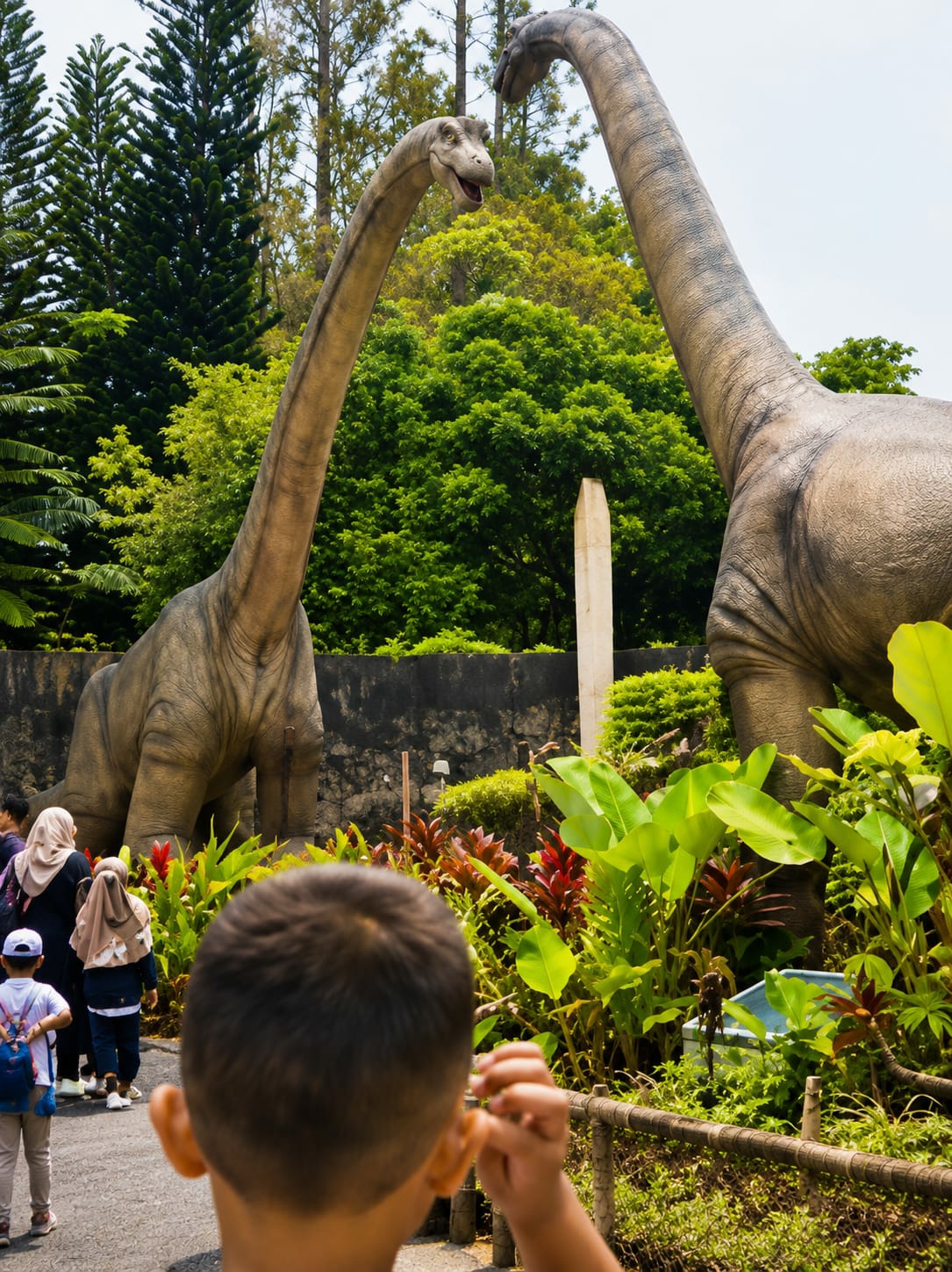 In Bandar Baru, Indonesia, two realistic dinosaur statues, likely Brontosauruses given their long necks and bodies, are prominently displayed in an outdoor exhibit. The statue on the left is closer to the viewer and appears to be looking towards the right, with its mouth slightly open. The statue on the right is larger and positioned behind the first, with its head reaching higher. Both statues are detailed, with textured skin and a weathered appearance, suggesting they are made of a durable material like fiberglass or concrete.
In the foreground, the back of a young boy's head is visible, with his hands near his ears. He is facing away from the camera, looking towards the dinosaur exhibit. To the left of the boy, a group of people are walking on a paved path. This group includes a woman wearing a purple hijab and a dark outfit, and two children also wearing headscarves, one in a brown hijab and the other in a blue and white outfit. A young boy in a white t-shirt, khaki pants, and a blue backpack is walking ahead of them.
The environment is lush and green, with a dense backdrop of trees and foliage. The statues are set against a rough-textured, dark-colored wall, possibly a rock formation. In front of the wall, there is an abundance of tropical plants with large, vibrant green leaves and some red-leafed plants, creating a jungle-like atmosphere. A thin, tall, light-colored pillar stands between the two dinosaur statues. The sky is overcast, suggesting a possibly humid or rainy day. A wooden fence runs along the right side of the image, bordering the path where the boy is standing. The overall scene depicts a family outing at a dinosaur-themed attraction.