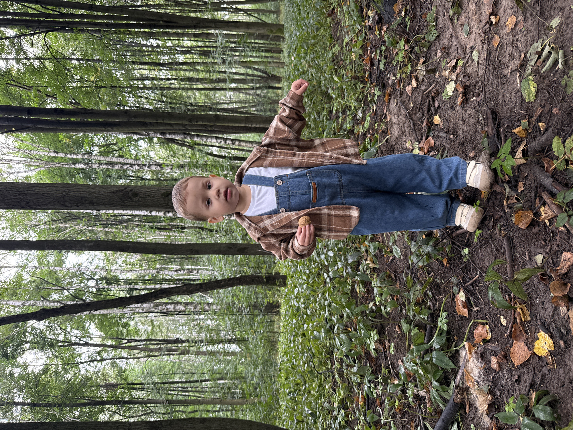 A young child, likely a toddler, stands in a forest environment, possibly in or near Rusanovo, Russia. The child is wearing blue denim overalls over a white t-shirt and a brown and white plaid shirt. They are holding a small, light-brown object in their right hand. The child is facing forward with their mouth slightly open. The forest floor is covered in green foliage, fallen leaves, and dirt. The background consists of numerous trees with green leaves and visible trunks, suggesting a deciduous forest. The lighting appears overcast, creating a soft, diffused light.