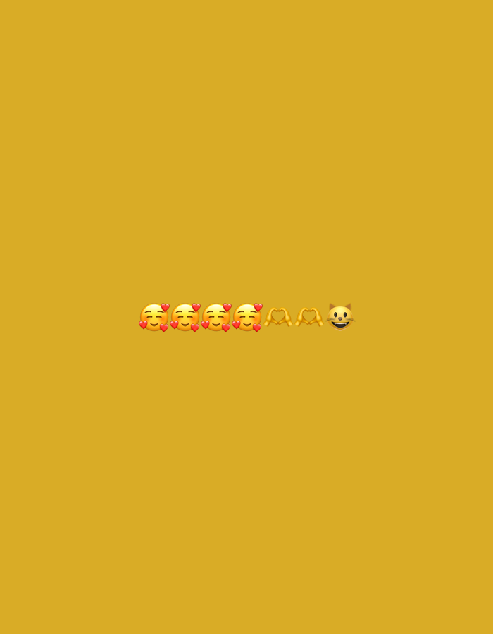 The image is a digital illustration of a yellow background with a row of emojis centered horizontally. From left to right, the emojis are four smiling faces with hearts around them, two hands forming a heart shape, and a cat face. The image does not contain any recognizable landmarks or elements that would indicate a specific location in the city of Gorzow, Poland.