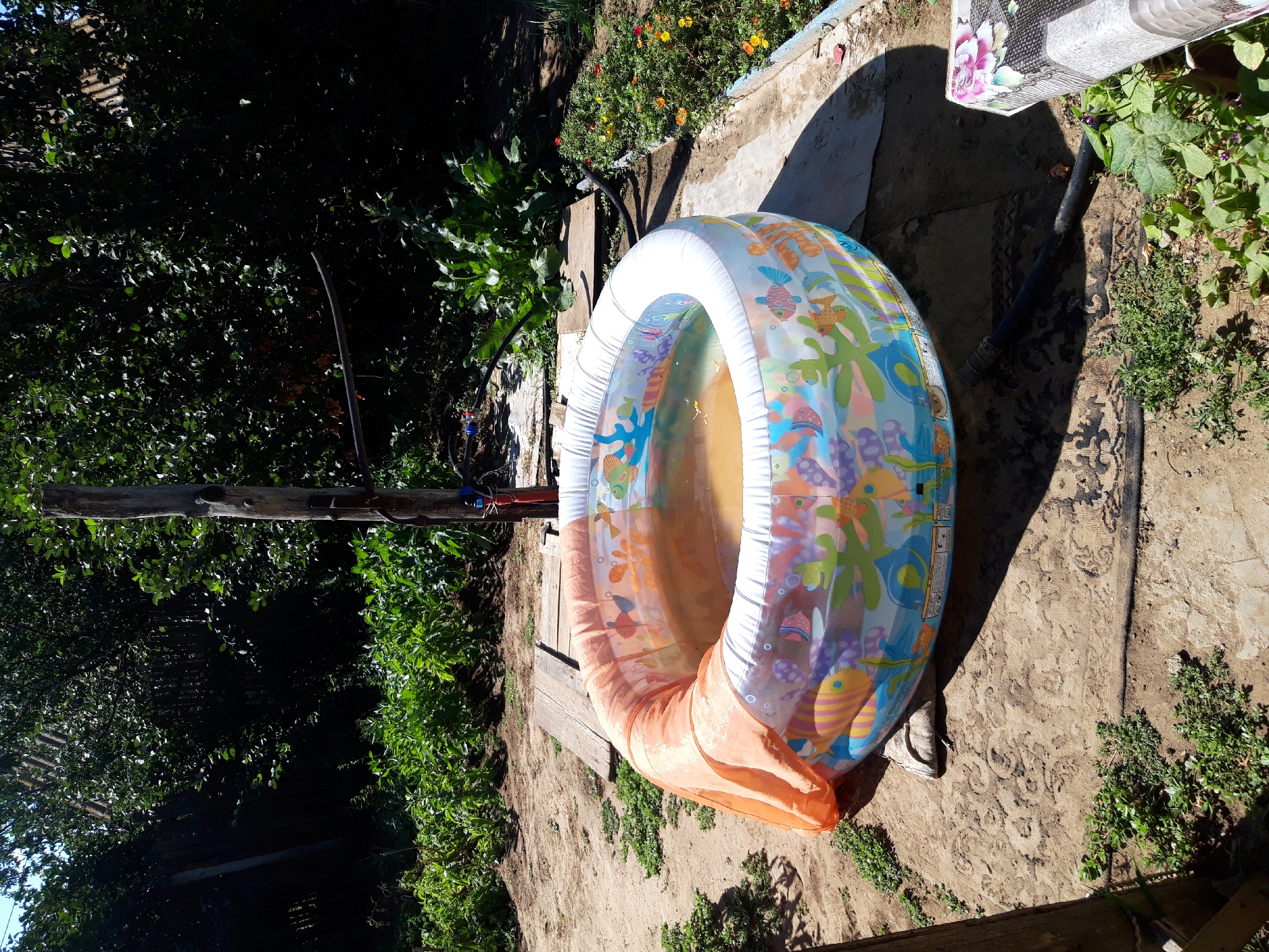An inflatable pool with a fish and coral pattern is set up on a sandy area in a yard, surrounded by green foliage and trees. The pool is partially filled with cloudy water and has an orange fabric draped over one edge. A wooden post stands near the pool, and a black hose is visible on the ground. In the background, a garden with small flowers and lush green plants can be seen, along with a wooden fence. The scene appears to be in a rural or suburban outdoor setting. The location is specified as Макаров ауылдық округі, Kazakhstan. There are no people visible in the image.