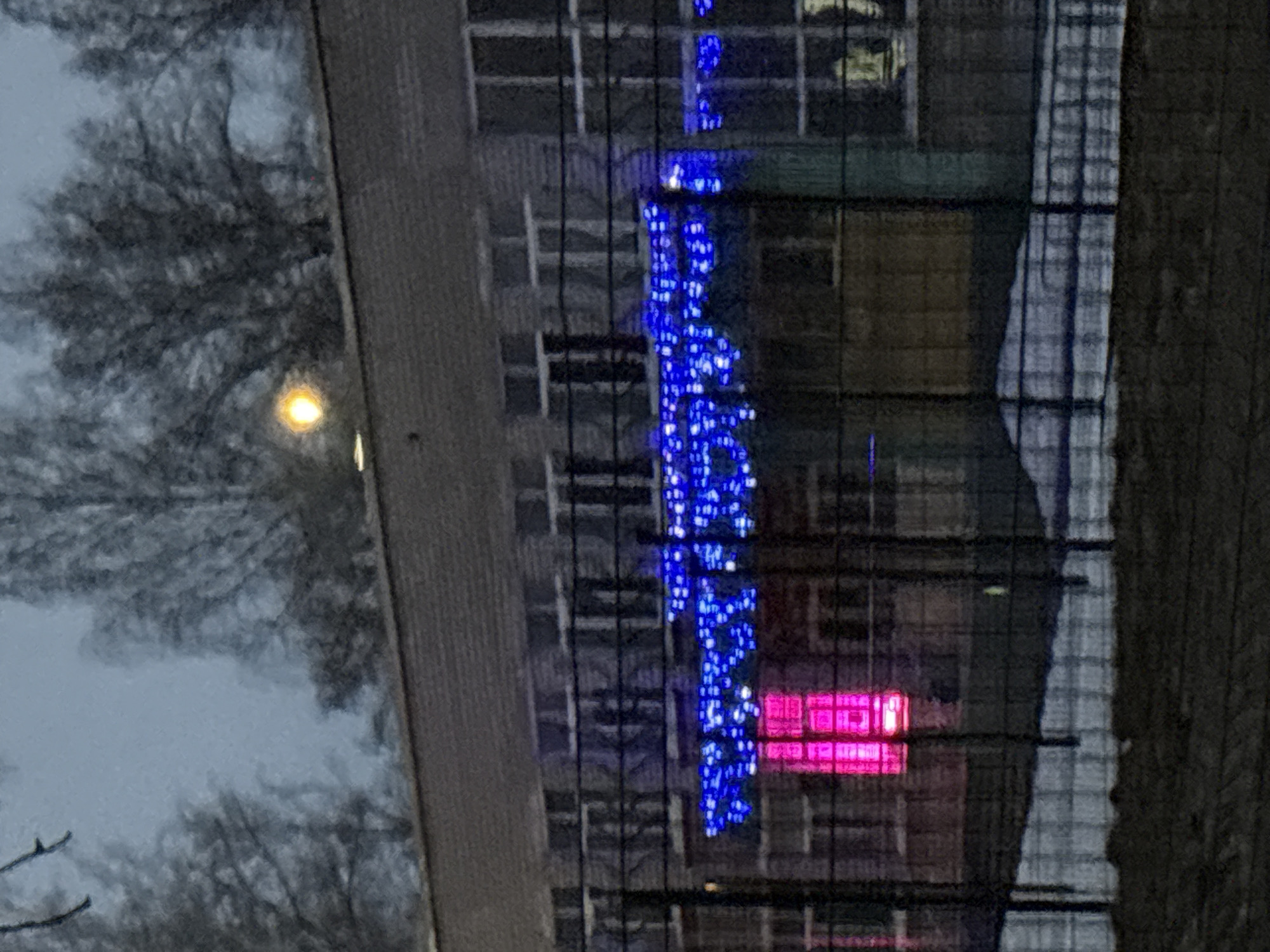 The image shows a building in the city of Chaikovsky, Russia, decorated with blue Christmas lights. There is also a bright pink light on the building. Bare trees are visible to the left of the building. It is nighttime.