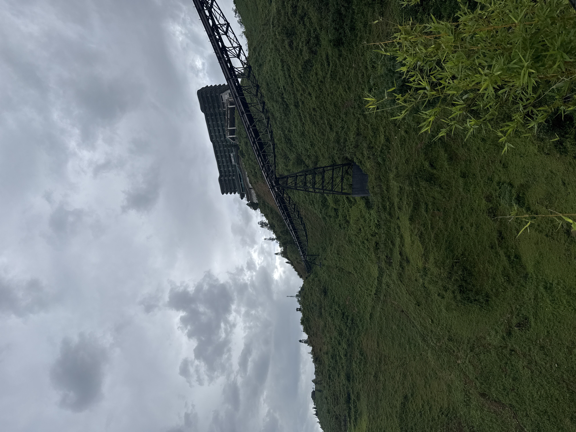 The image shows a hillside in Cat Cat Village, Vietnam, on a cloudy day. The hillside is covered in dense green vegetation. A large, abandoned metal structure, possibly an unfinished building or transport system, runs along the side of the hill. The sky is overcast with gray clouds. A few branches of foliage are visible in the upper right corner. The overall scene appears somewhat desolate.