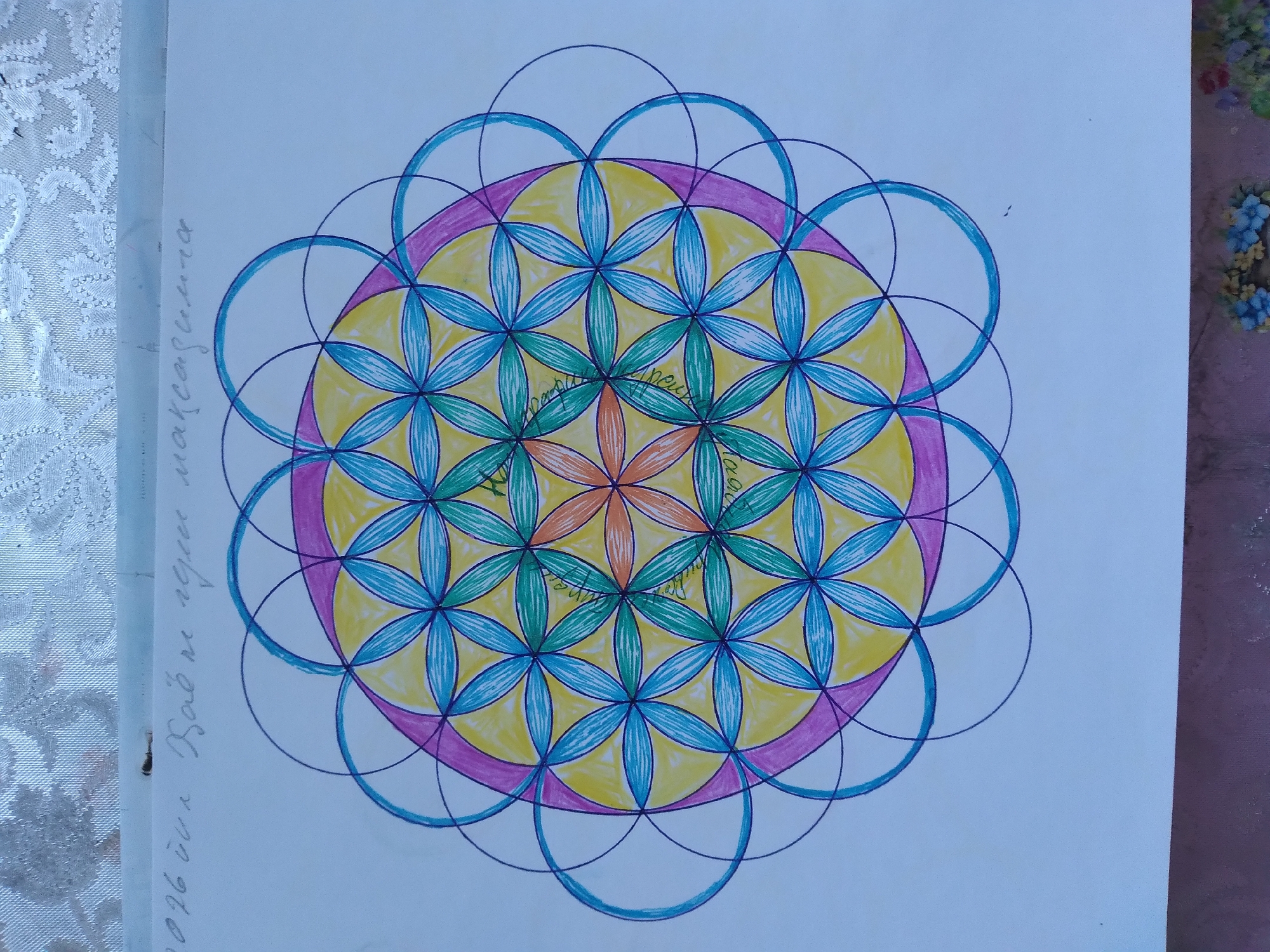 The image displays a colorful geometric drawing on a white surface. The drawing features a central mandala-like design composed of overlapping circles, creating petal-like shapes filled with yellow, blue, and green. Some areas of the design are outlined in purple. There is faint handwritten text above the drawing, appearing to be in Cyrillic script, which is illegible. The surface the drawing is on appears to be a piece of paper, possibly a notebook page, with a textured fabric visible at the top and a darker surface at the bottom. There is no discernible indication of the city of Baki, Uzbekistan, within the image or its content.