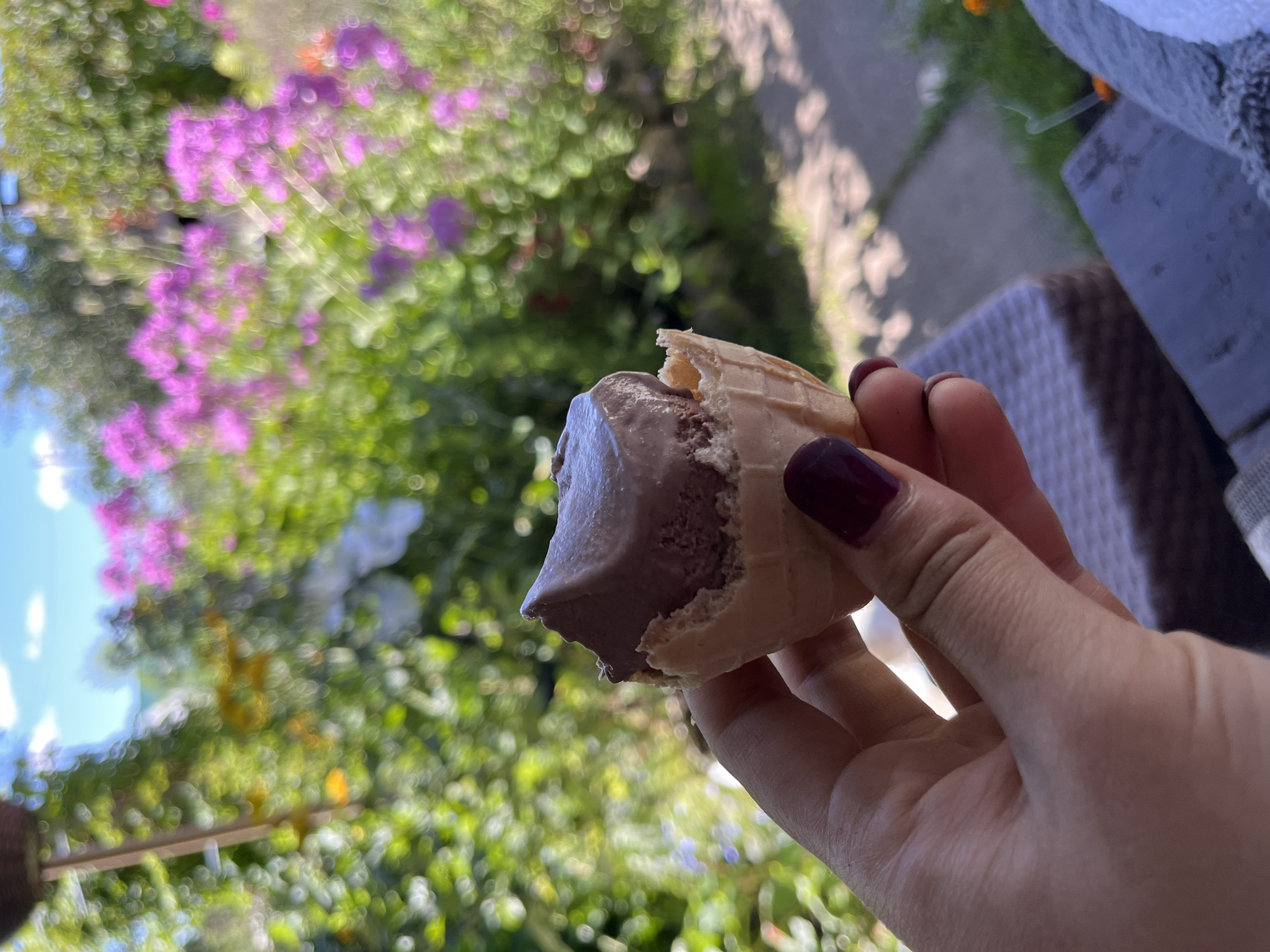 A hand with dark purple nail polish holds a partial waffle cone containing chocolate ice cream. The background is a garden scene with blurred pink and green foliage, suggesting a sunny day. The image captures a close-up of the ice cream and hand, with the garden serving as a soft, out-of-focus backdrop. The setting appears to be outdoors, possibly a backyard or park. The specific location within the Дунілавіцкі сельскі Савет, Belarus cannot be determined from the visual information alone.
