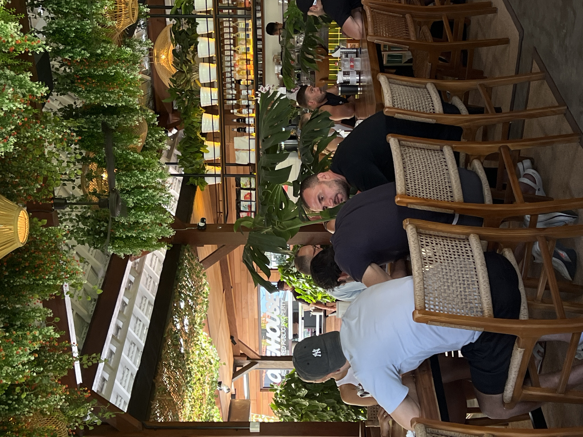 The image depicts an indoor scene at a restaurant in Mengwi, Indonesia, characterized by a lush, jungle-like ambiance. Hanging plants and greenery cascade from the ceiling, creating a natural canopy over the dining area. The interior features a wooden beamed ceiling and wooden tables with woven chairs, suggesting a rustic yet modern design.
Several people are seated at a long wooden table, engaged in conversation and dining. In the foreground, a man wearing a light blue t-shirt and black shorts is seen from the back, his right arm resting on the table. To his left, a woman in a white top is partially visible. Next to the man in the blue shirt, a person in a dark purple t-shirt is seated facing away from the camera. Across the table, three men are visible. One man, wearing a black t-shirt, is looking to his left, while another, in a black sleeveless shirt, is looking forward. A third man, also in a black t-shirt, is seen from the side.
Behind the seated patrons, shelves are stocked with bottles and what appear to be food products, illuminated by warm lighting. A large window in the background reveals the words "OPENHOUSE" and "PUBLIC PROPERTY," indicating the establishment's name. The overall atmosphere is casual and social, with a strong emphasis on integrating natural elements into the indoor space.