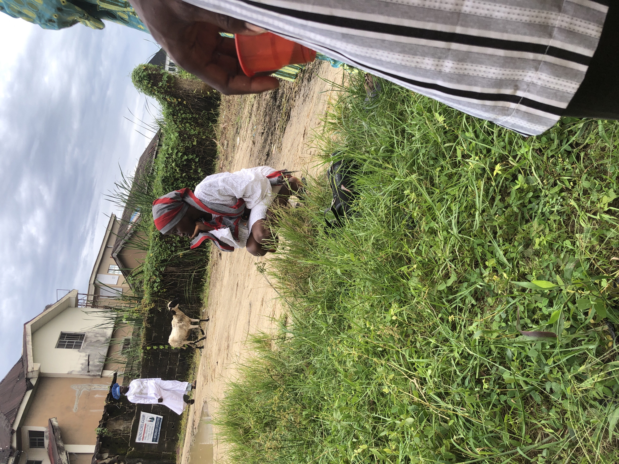 In the city of Ado, Nigeria, on a dirt road, two individuals are visible. One, a young boy, is wearing a white robe and a blue cap, standing next to a white and black goat. The other person is kneeling, wearing a white robe and a striped headscarf, with their hands resting on their knees. The background shows a building with a brown and white facade, overgrown green plants, and a cloudy sky. The ground is muddy and uneven, with patches of grass and puddles of water. The image appears to be taken in a semi-urban or rural setting, possibly a residential area.