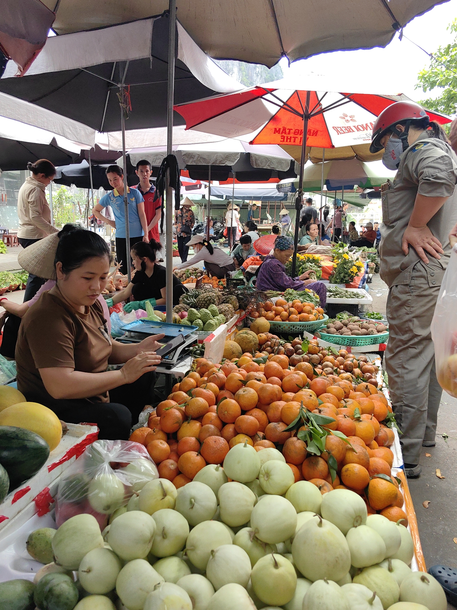 The image captures a bustling scene at a market in Ha Long Ward, Vietnam. Several vendors sell their wares under large umbrellas, offering shade from the sun. In the foreground, a vendor is seated and using a mobile phone or tablet near a digital scale. A large assortment of fruits, including oranges, guava and watermelons, are piled on the table in front of her. Other vendors sit behind her selling pineapples, flowers and vegetables. Customers wander through the stalls, some wearing traditional conical hats and face masks. A person wearing a red helmet stands at the right edge of the image, with their back to the viewer. A mountain can be seen in the background.
