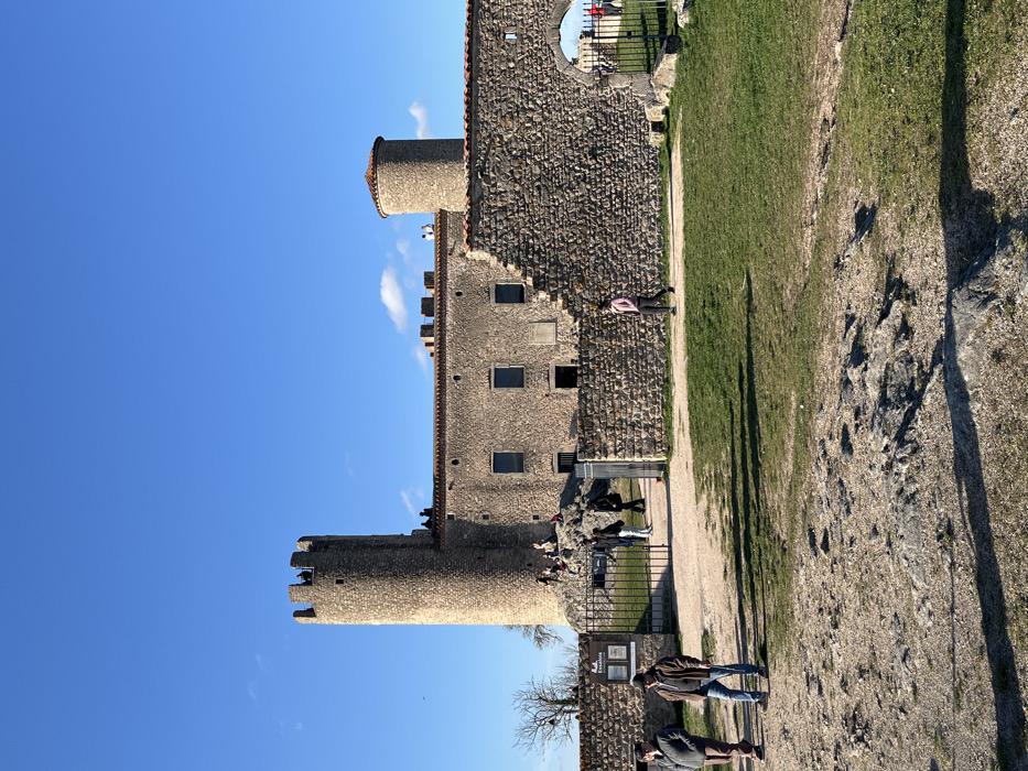 An outdoor scene in Chambles, France, depicts a stone castle-like structure under a clear blue sky. The main building features a prominent cylindrical stone tower with crenellated battlements on the left, and a shorter cylindrical tower with a conical red-tiled roof on the right. The central section consists of a stone building with several rectangular windows. Extensive stone walls, some partially ruined, extend across the mid-ground, featuring an open arched passageway on the right and an open black metal gate on the left.
In the foreground, two adult males stand on a dirt path. The male on the left wears a grey jacket and brown pants; the male on the right wears a brown jacket, blue jeans, and holds a walking stick in his right hand. Directly behind them, near the open gate, are informational signs. Several individuals are visible near and passing through this gate. A rocky incline leads up to the main castle building, where a group of people, including children, are seated or standing. On the castle's roofline and battlements, additional individuals are observed near both towers. A female figure in a pink long-sleeved top and dark pants walks leftward across a grassy patch in the mid-ground. The ground consists of rocky dirt paths and areas of green grass, with strong sunlight casting distinct shadows. Sparse leafless trees are visible on a distant hill to the far left.