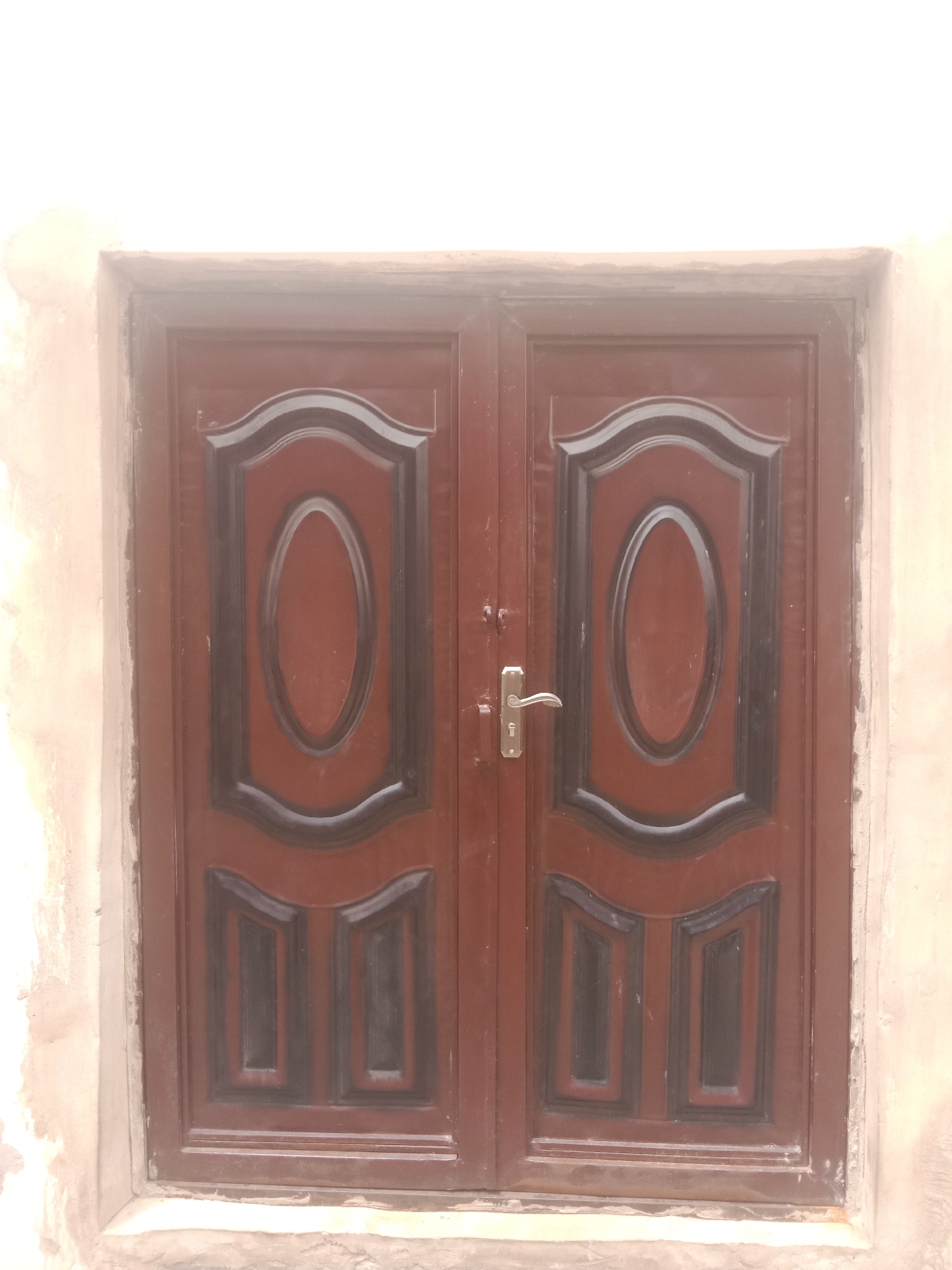 A medium shot captures a closed, double door made of dark brown metal, set into a light-colored, textured wall. The doors are ornately decorated with raised panels. Each door features a large, oval-shaped inset with a dark border, and below this, a rectangular panel divided into two smaller, stacked rectangular insets, also with dark borders. The door on the left has a silver-colored door handle. The wall surrounding the door appears rough and unfinished in places, with some areas of lighter discoloration. The lighting suggests it is daytime, with no harsh shadows visible, possibly indicating an overcast sky or diffused light. The scene appears to be an exterior entrance, though specific location cues are absent. No text is visible in the image.
