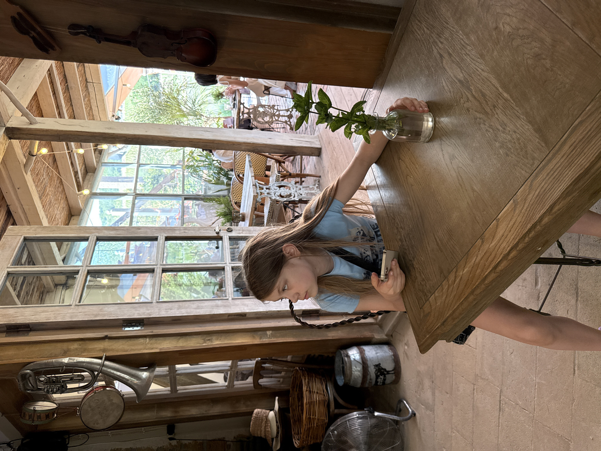 A young Caucasian girl with long brown hair is sitting at a wooden table in an outdoor cafe. She is wearing a light blue t-shirt and dark shorts. She is holding a smartphone in her right hand and looking off to her left. A small glass vase with a green plant is on the table in front of her. In the background, there are other tables and chairs, as well as potted plants and trees. The cafe appears to be rustic and open-air, with wooden beams and a thatched roof. The floor is made of stone tiles. To the left of the girl, there is a vintage fan, a woven basket, and some decorative items hanging on the wall, including a brass instrument and two small drums. Further left, a large wooden door with glass panels is open, revealing more of the cafe's interior and outdoor seating area. To the right, a small decorative violin is hanging on a wooden post. The overall impression is of a relaxed, casual dining environment. There is no indication that this scene is in Semogorskiy, Russia.