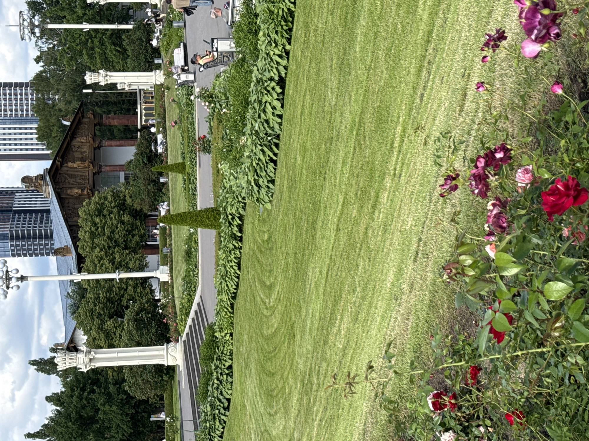 This is a vertical, eye-level shot of a park in Moscow, Russia, with a focus on a manicured lawn and a rose garden. The scene appears to be set during the daytime, under a partially cloudy sky.
The foreground is dominated by a lush green lawn with visible mowing patterns, suggesting recent maintenance. To the right of the lawn, a rose garden is in bloom, featuring a variety of roses in shades of deep red, burgundy, and pink. Some rose buds are also visible, indicating the peak of the blooming season. The plants appear healthy and well-tended.
Further into the scene, a paved pathway runs alongside a manicured hedge. Several people are scattered throughout the park, engaged in leisurely activities. One person is seated on a park bench, looking towards the lawn, while others are walking or standing near the pathway. In the background, a building with an ornate facade and red brick accents is partially visible, framed by mature green trees. White lampposts with multiple globes stand along the pathway, adding to the park's ambiance. To the far left, a modern high-rise building with many windows contrasts with the historical architecture and natural setting of the park.
The overall impression is one of tranquility and natural beauty, with a blend of historical and modern elements. The lighting suggests it is a pleasant day for outdoor recreation. No visible text is present in the image.