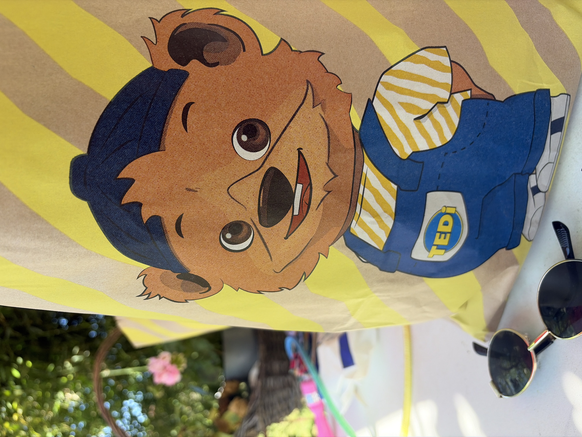 The image depicts a close-up of a brown paper bag with a cartoon image of a bear wearing overalls and a blue hat. The bear has a blue hat with a brim, a brown face with large eyes, a black nose, and a smiling mouth with white teeth. It is wearing a yellow and white striped shirt and blue overalls with a white pocket that has the word "TED" in blue letters. The bag has yellow and brown stripes. In the foreground, a pair of round, black-lensed sunglasses with gold rims are lying on a white surface. The background is blurred but appears to be an outdoor setting with greenery, suggesting it is a sunny day. There is no indication of the city of Vlasatitsa, Bulgaria.