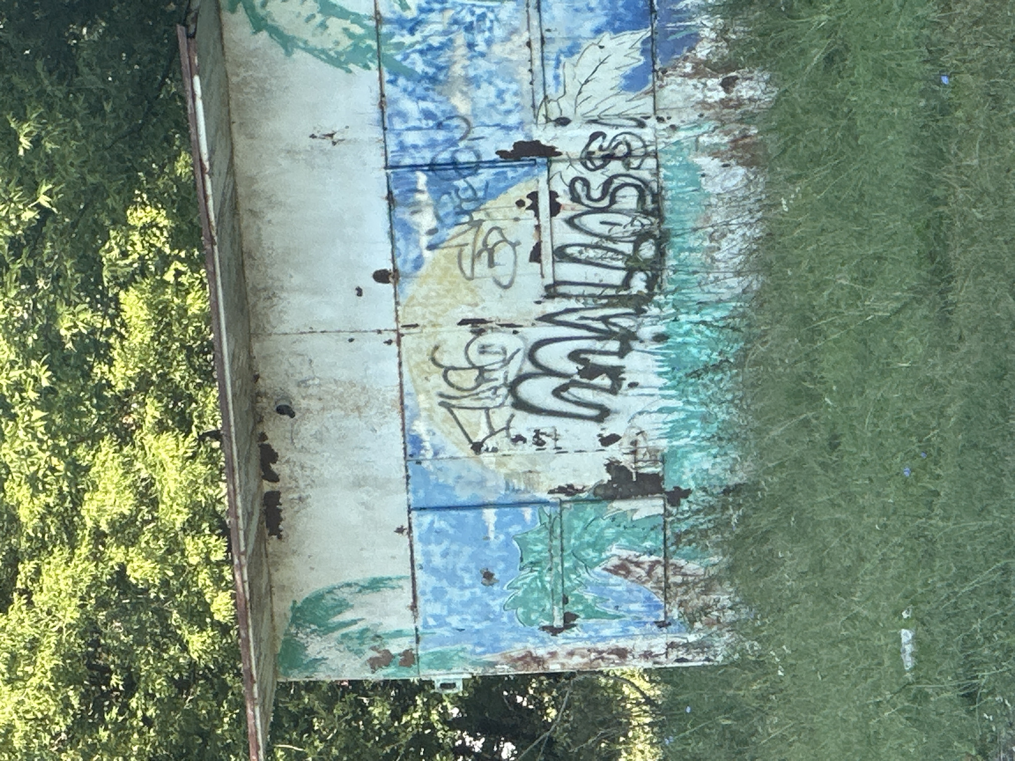 The image shows a close-up of graffiti on a weathered, corrugated metal structure, likely a small shed or kiosk. The structure is painted with a faded mural depicting a blue sky with clouds and green palm-like leaves. Large, black graffiti lettering dominates the center of the structure, with the word "MALLOSS" clearly legible. Smaller, lighter graffiti tags are visible above and around the main lettering. The structure is situated in an outdoor environment, with overgrown green grass and foliage in the foreground and background, suggesting a rural or semi-abandoned setting. The overall condition of the structure appears deteriorated, with rust and peeling paint evident. The location is specified as Makiv, Ukraine.